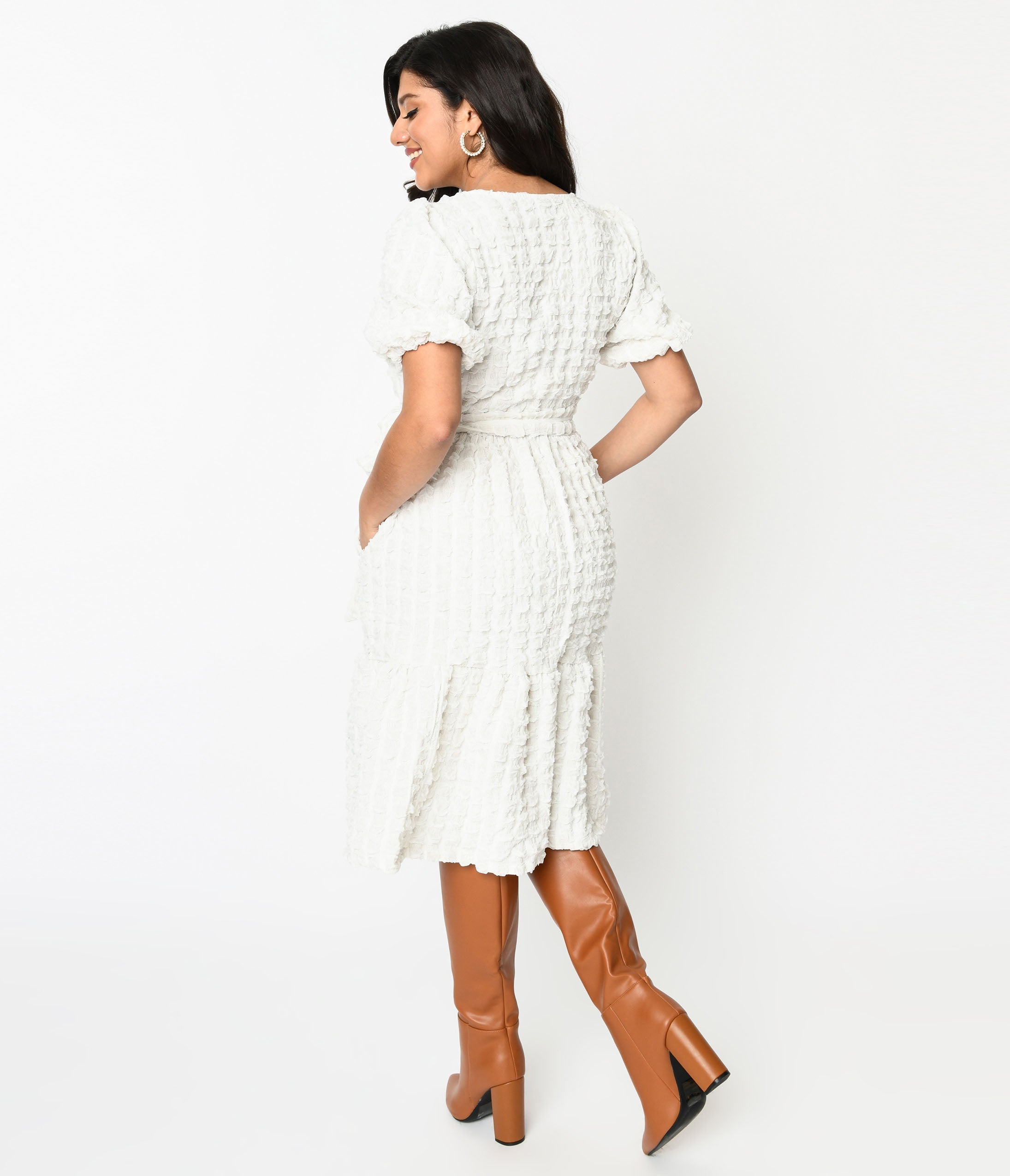  Ivory Textured Smock Fit & Flare Dress