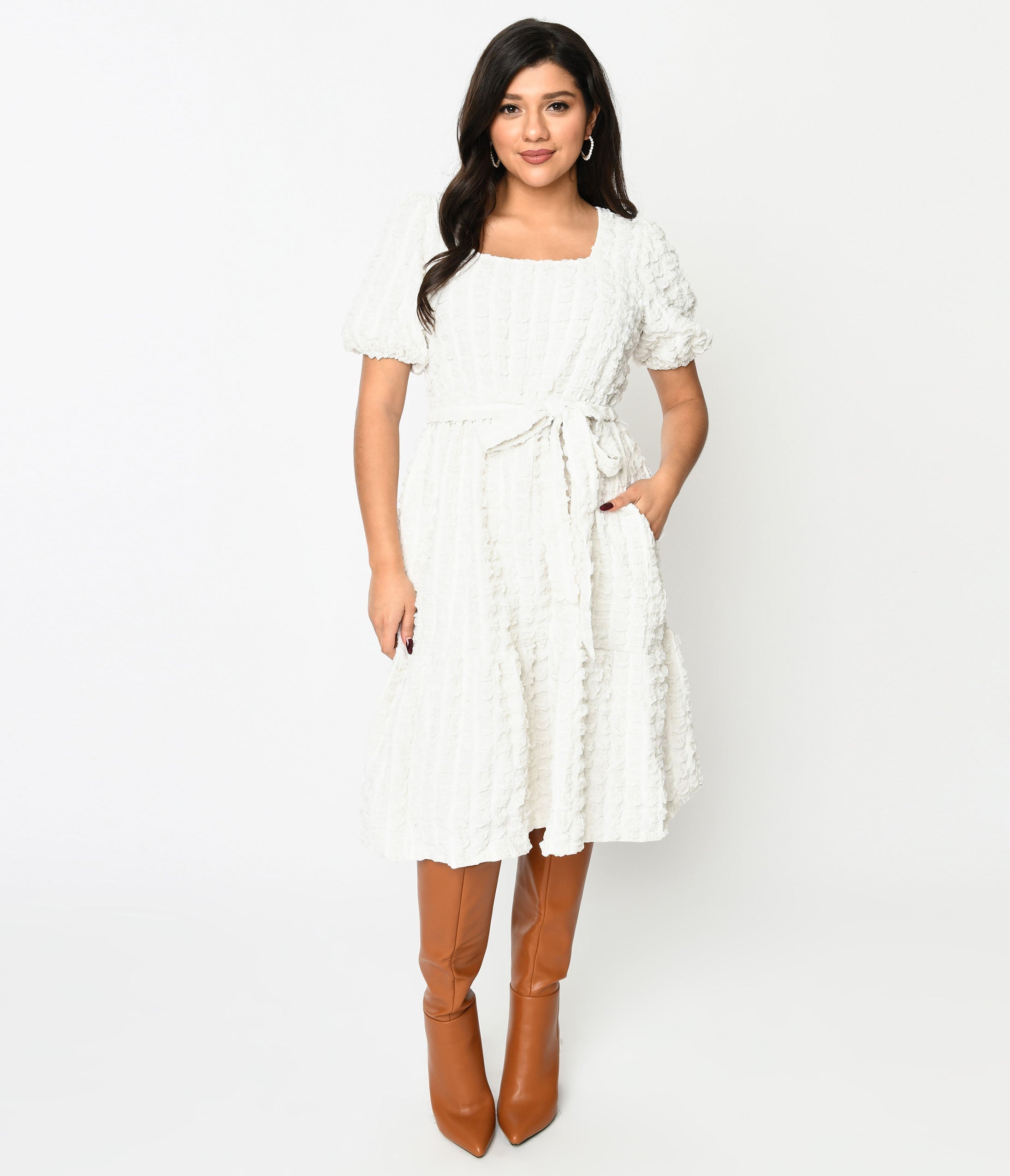  Ivory Textured Smock Fit & Flare Dress
