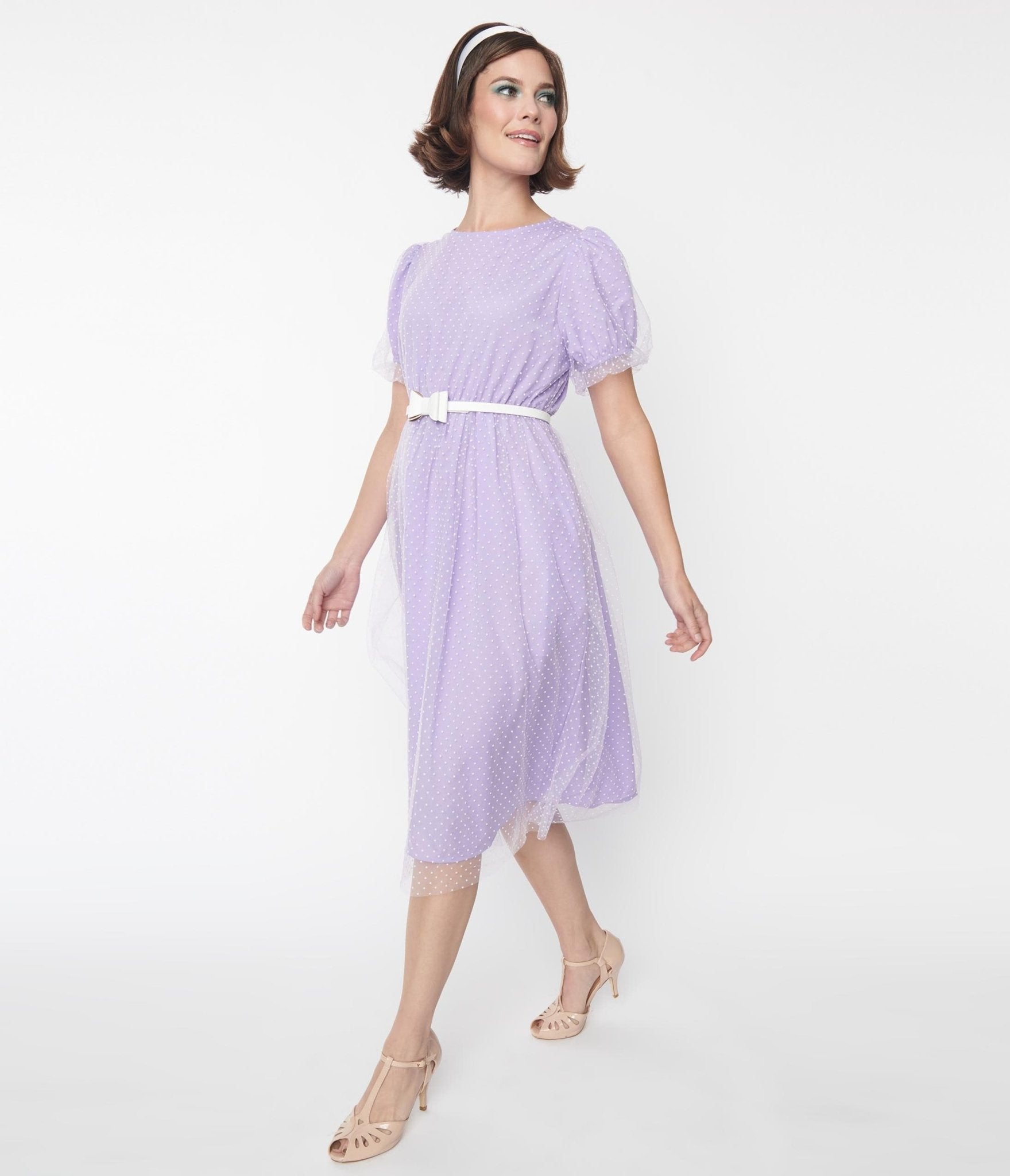  Lavender & White Pin Dot Mesh Overlay Midi Dress