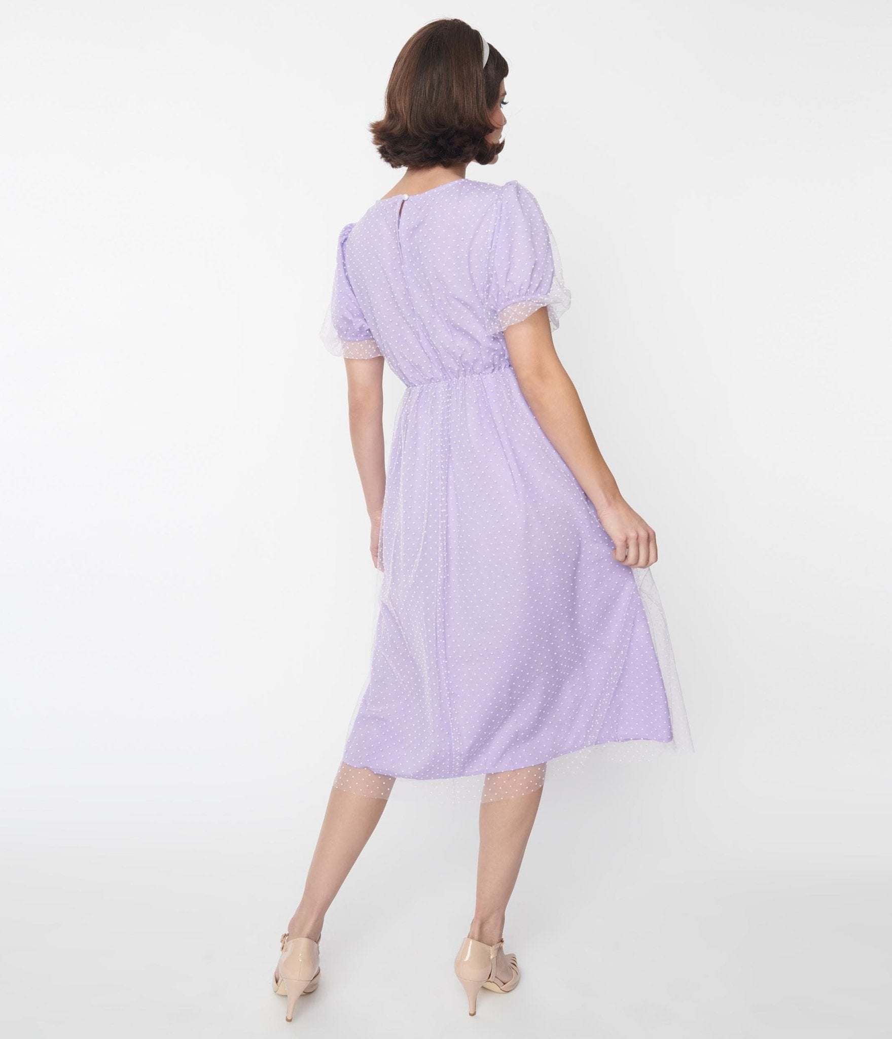  Lavender & White Pin Dot Mesh Overlay Midi Dress