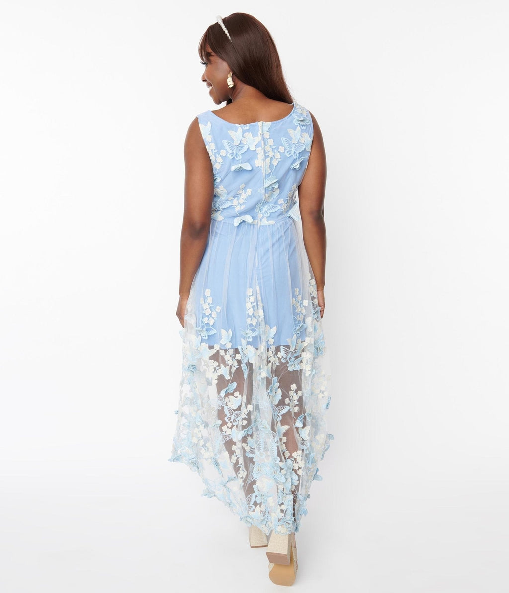  Light Blue Butterfly Overlay Maxi Dress