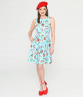  Light Blue & Christmas Puppy Print Flare Dress