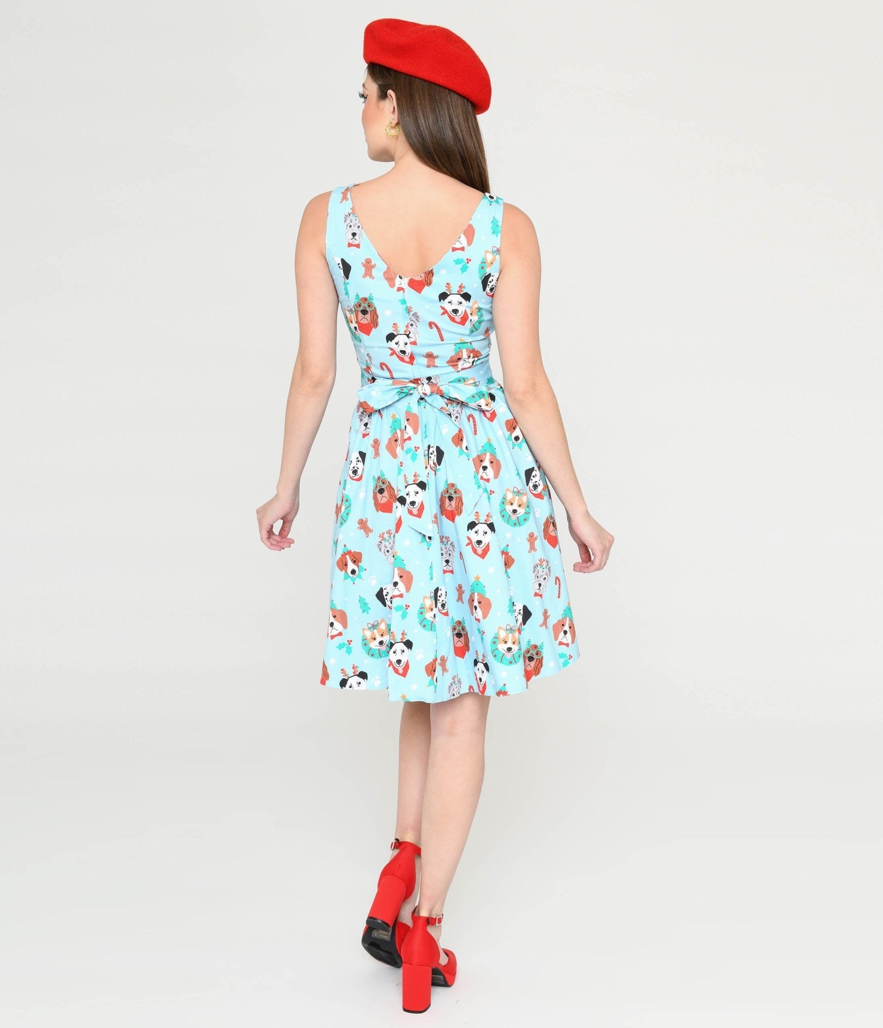  Light Blue & Christmas Puppy Print Flare Dress