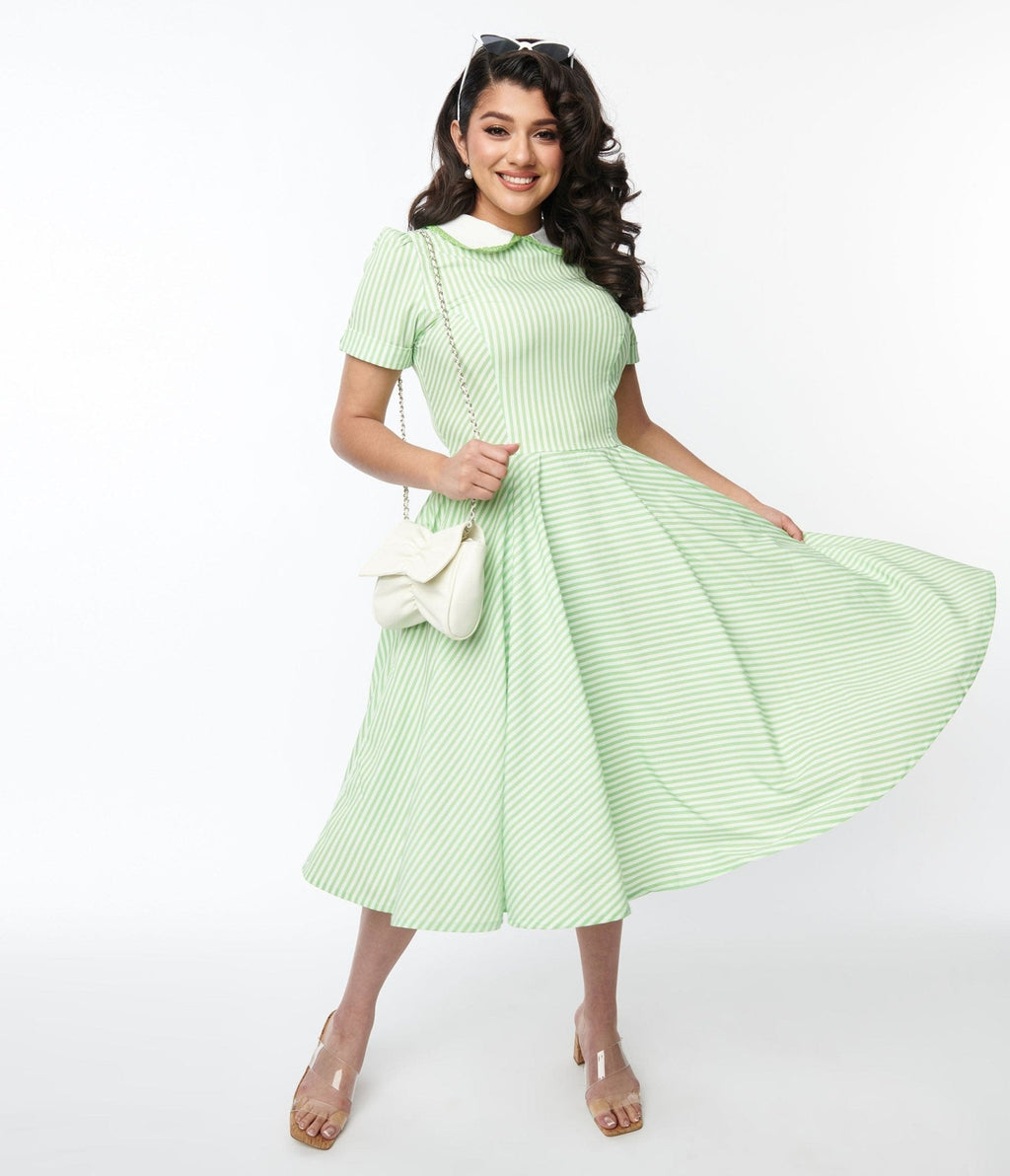  Lime Green & White Striped Swing Dress