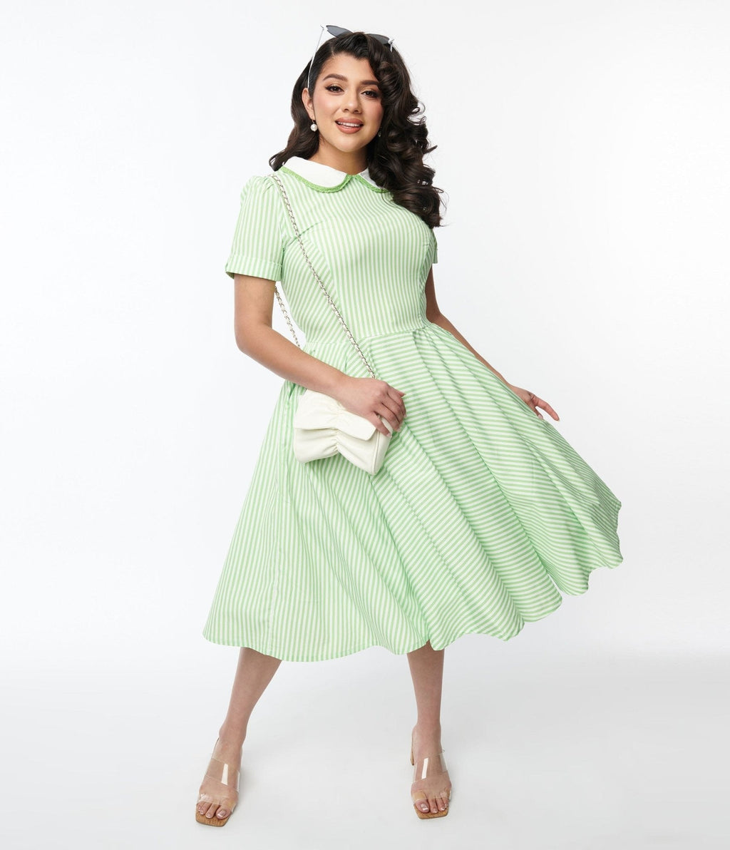  Lime Green & White Striped Swing Dress