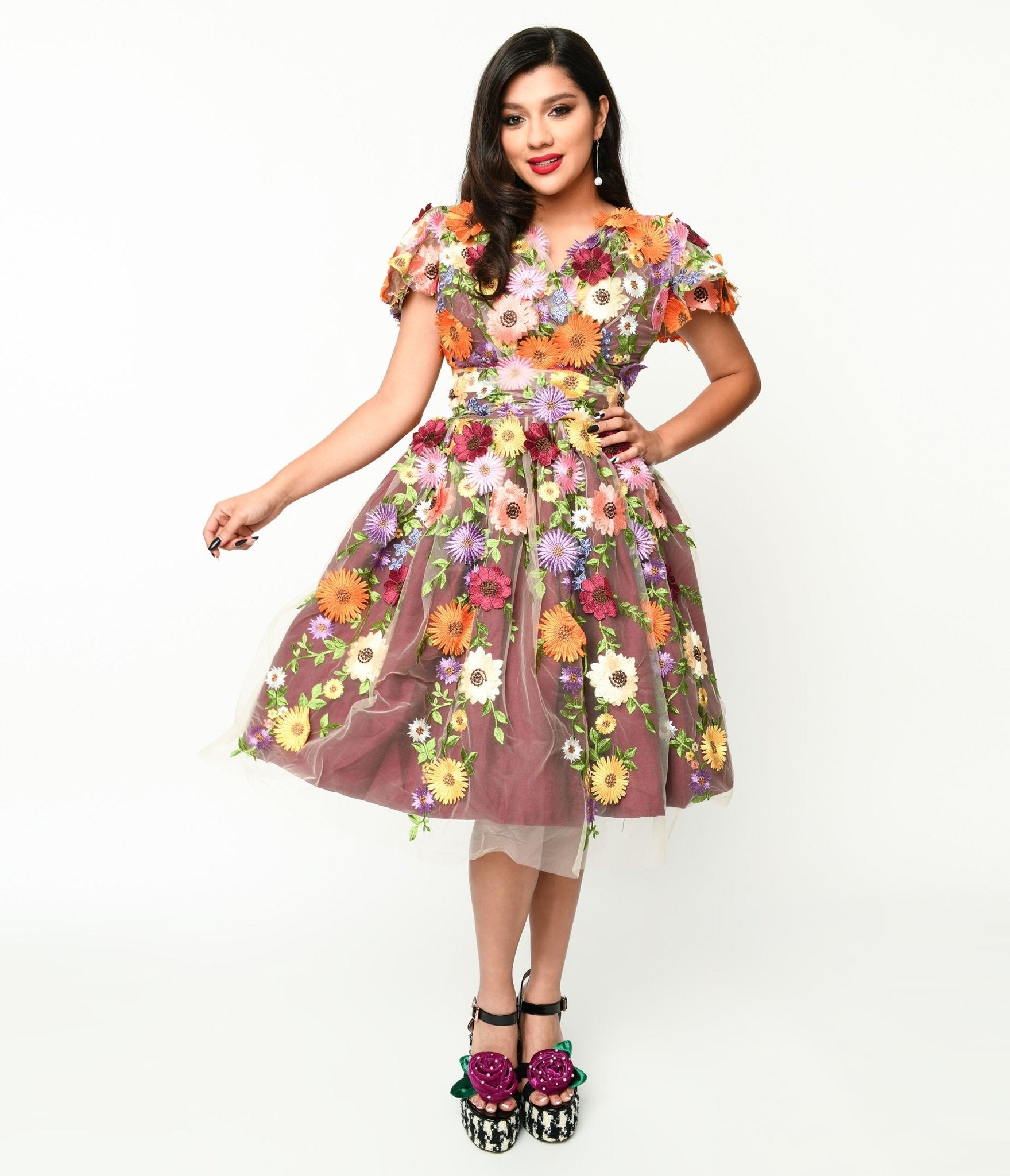  Magnolia Place Burgundy Flower Party Midori Swing Dress