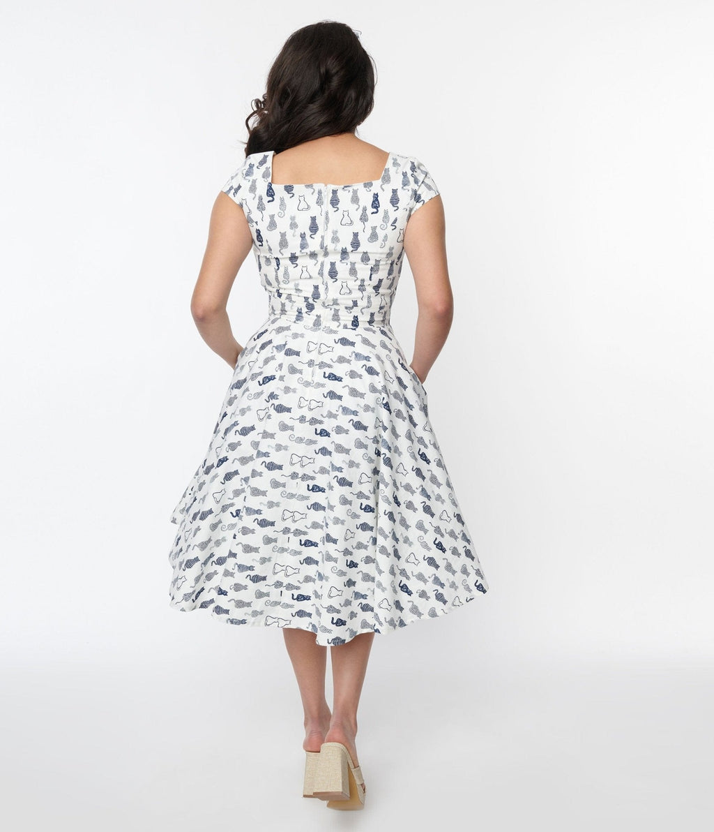  Magnolia Place Ivory & Navy Cat Anna Swing Dress