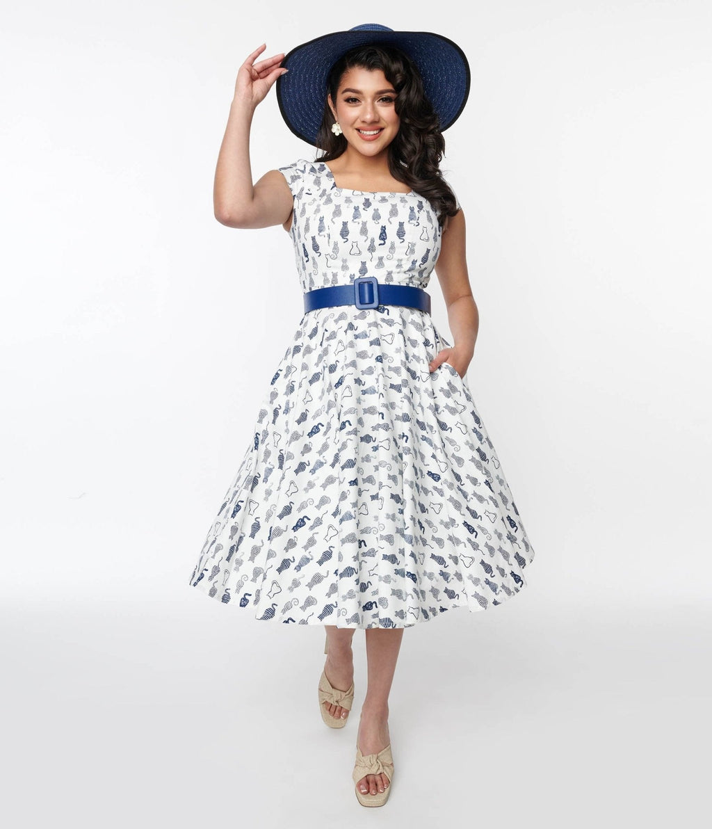  Magnolia Place Ivory & Navy Cat Anna Swing Dress