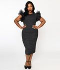  Metallic Black Ruffle Sleeved Knit Midi Wiggle Dress
