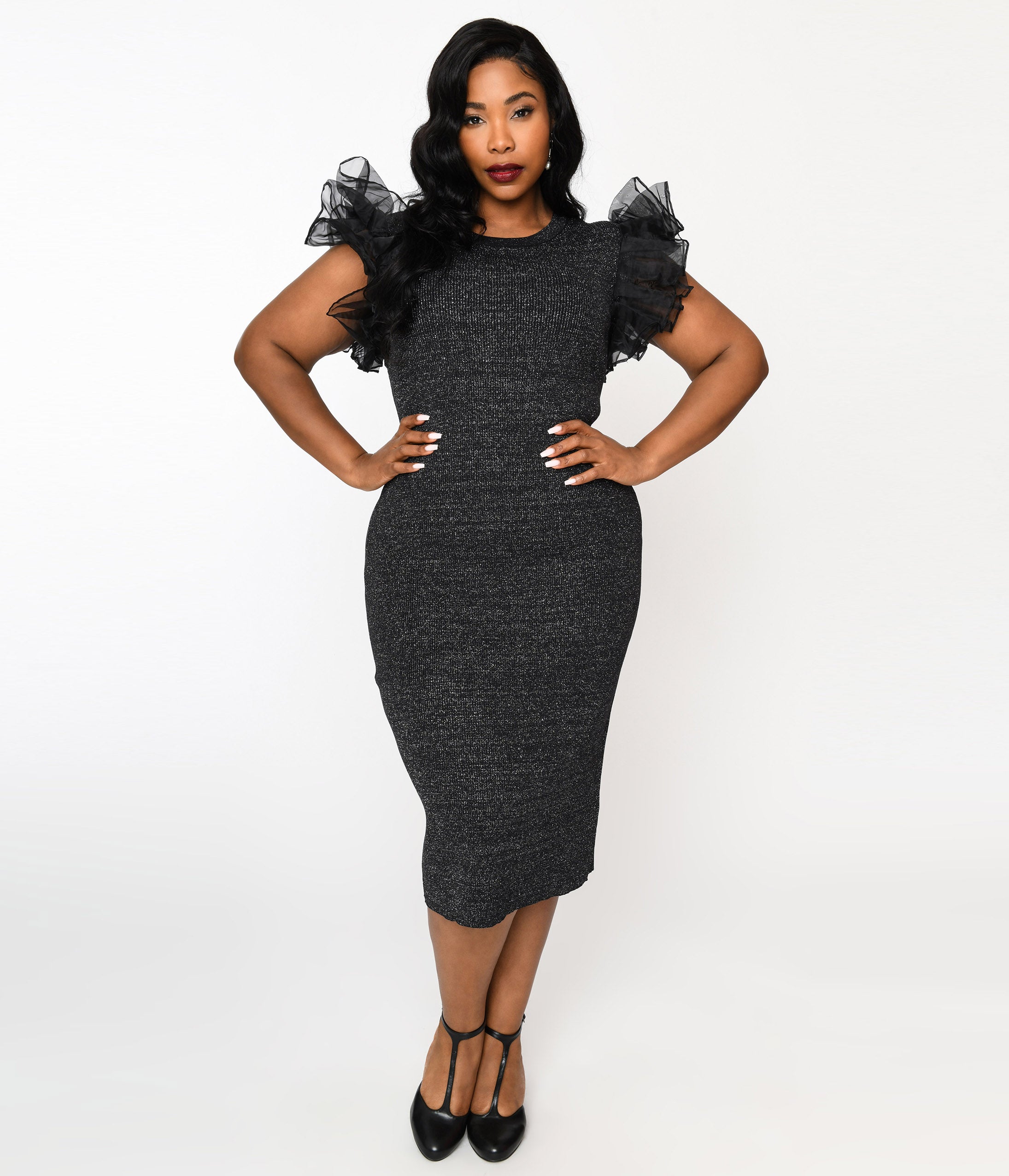  Metallic Black Ruffle Sleeved Knit Midi Wiggle Dress