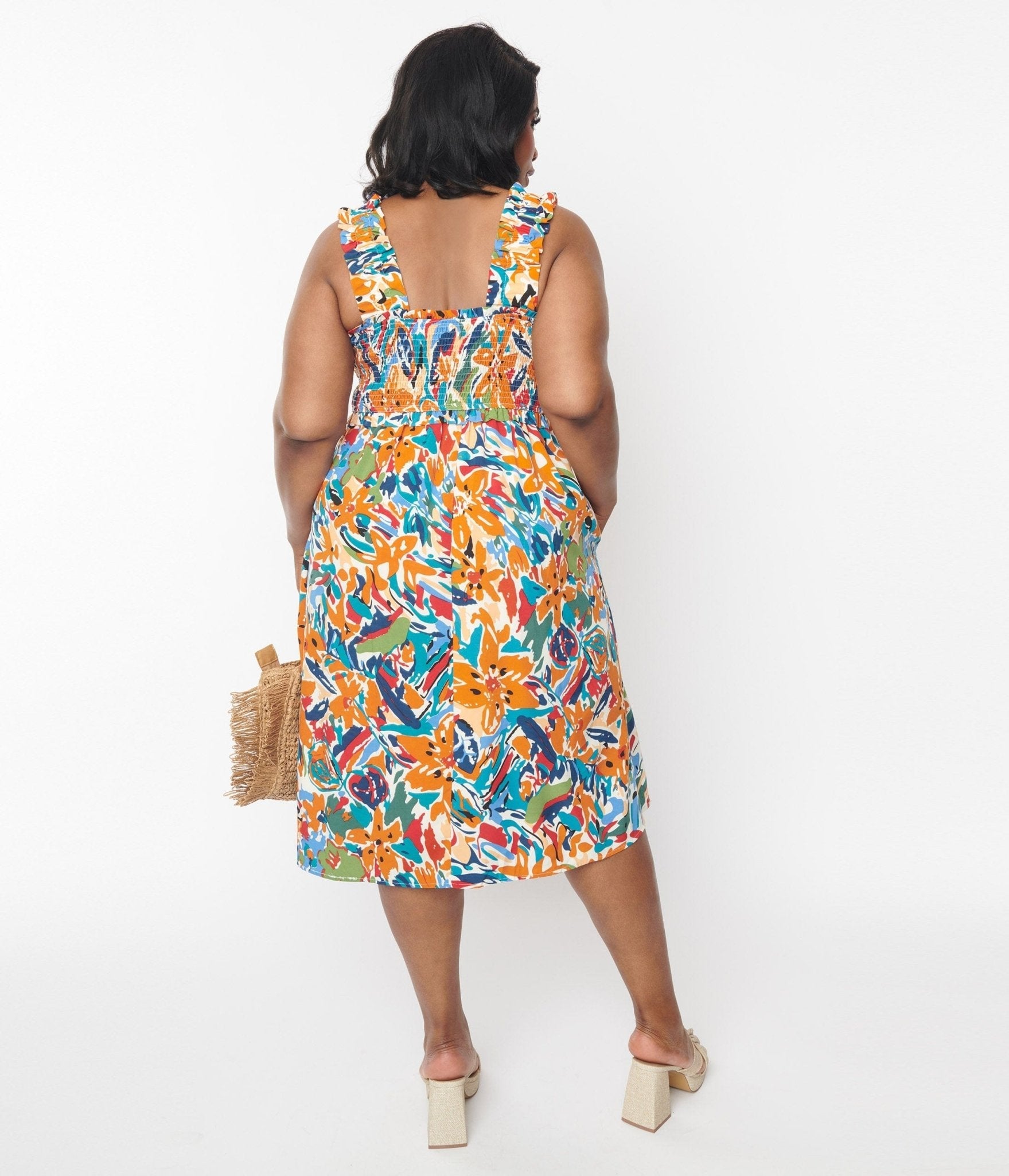  Multicolor Brush Stroke Florals Midi Dress