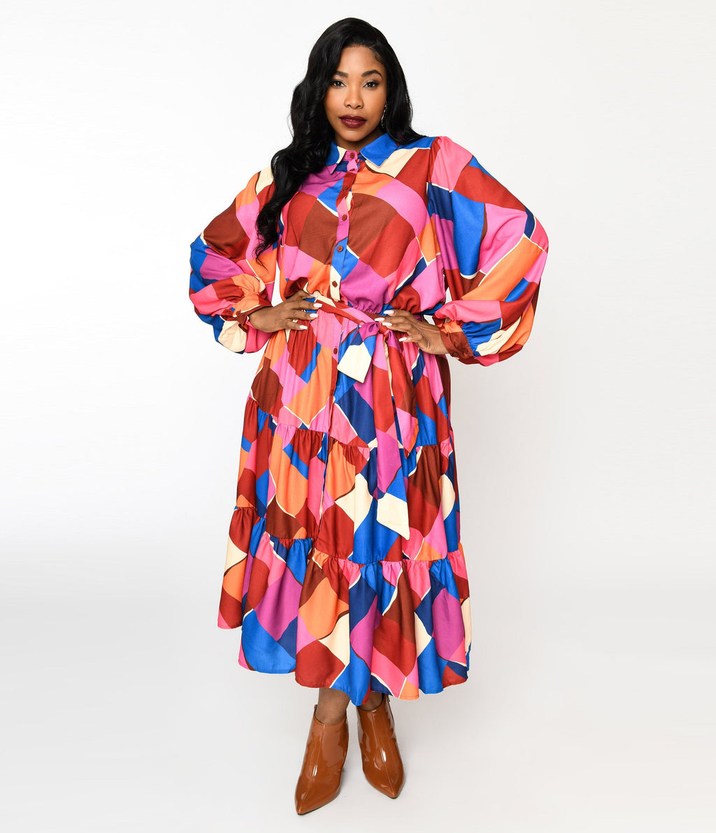  Multicolor Geometric Tiered Maxi Shirt Dress