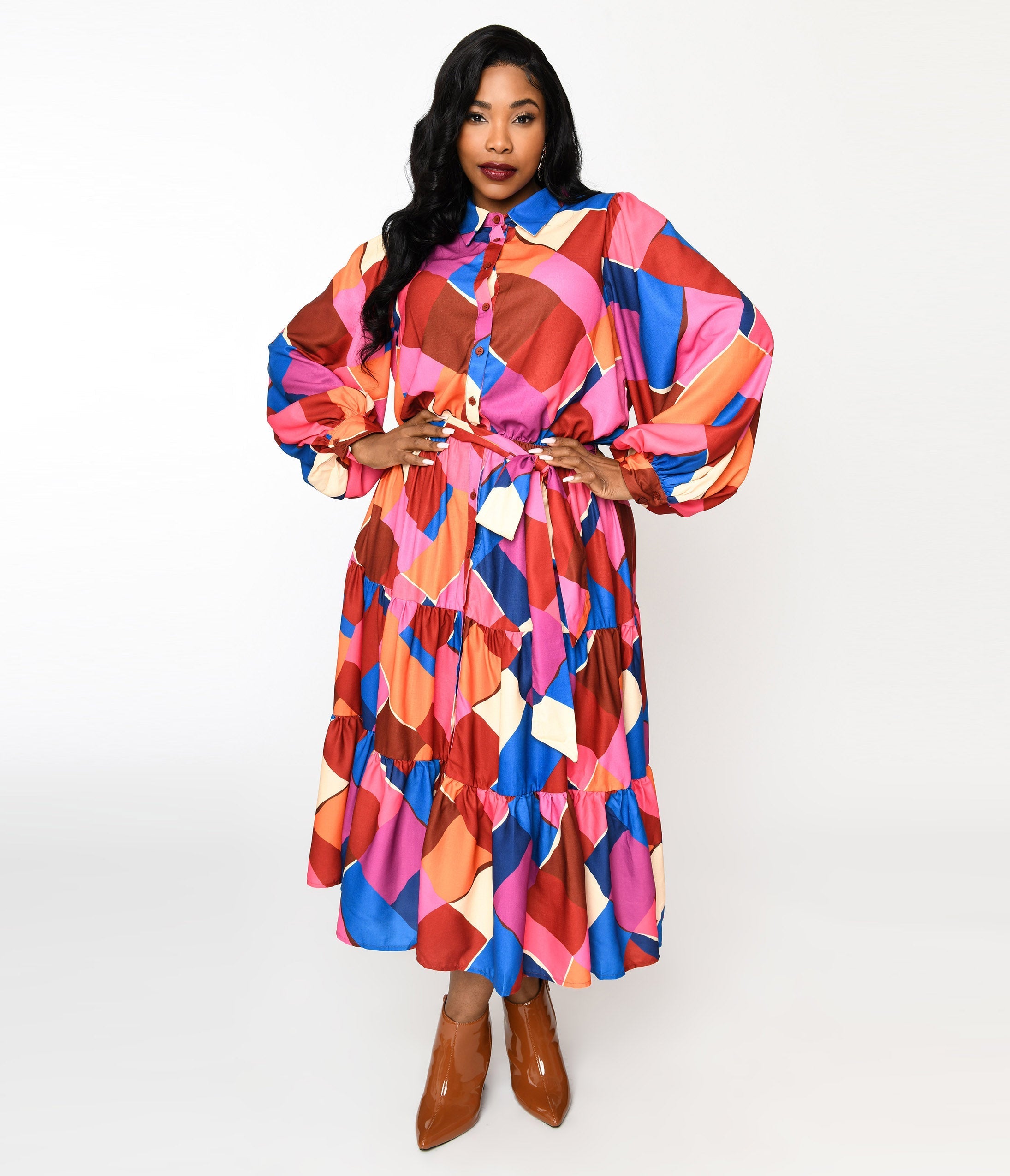  Multicolor Geometric Tiered Maxi Shirt Dress