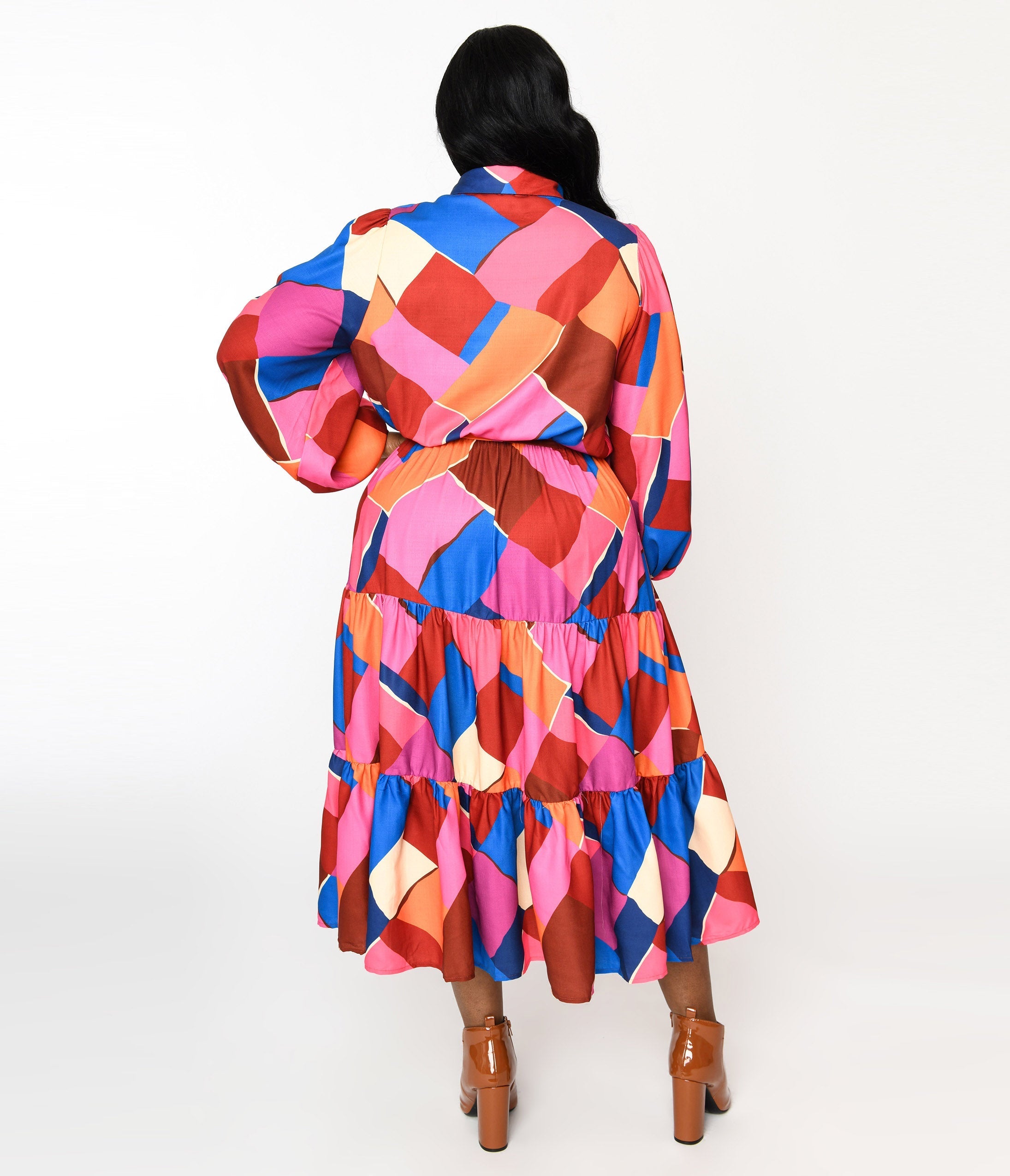  Multicolor Geometric Tiered Maxi Shirt Dress