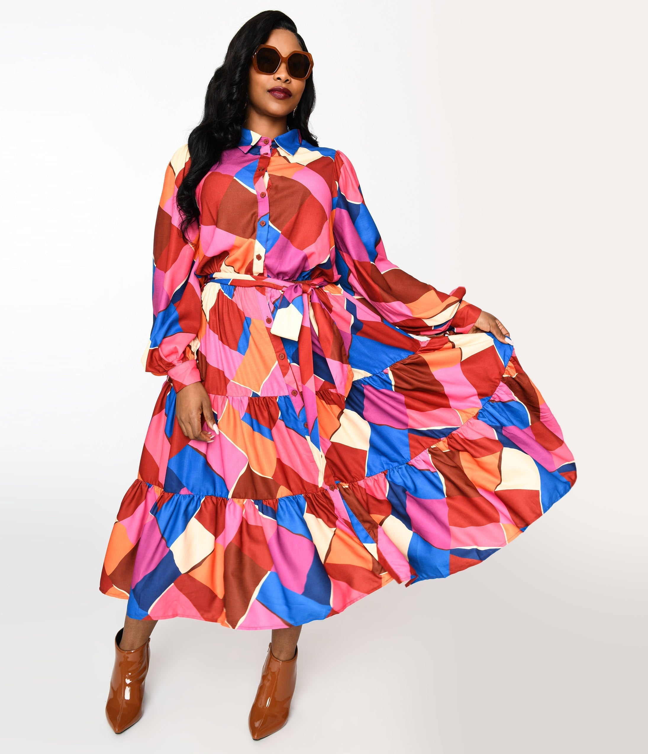  Multicolor Geometric Tiered Maxi Shirt Dress