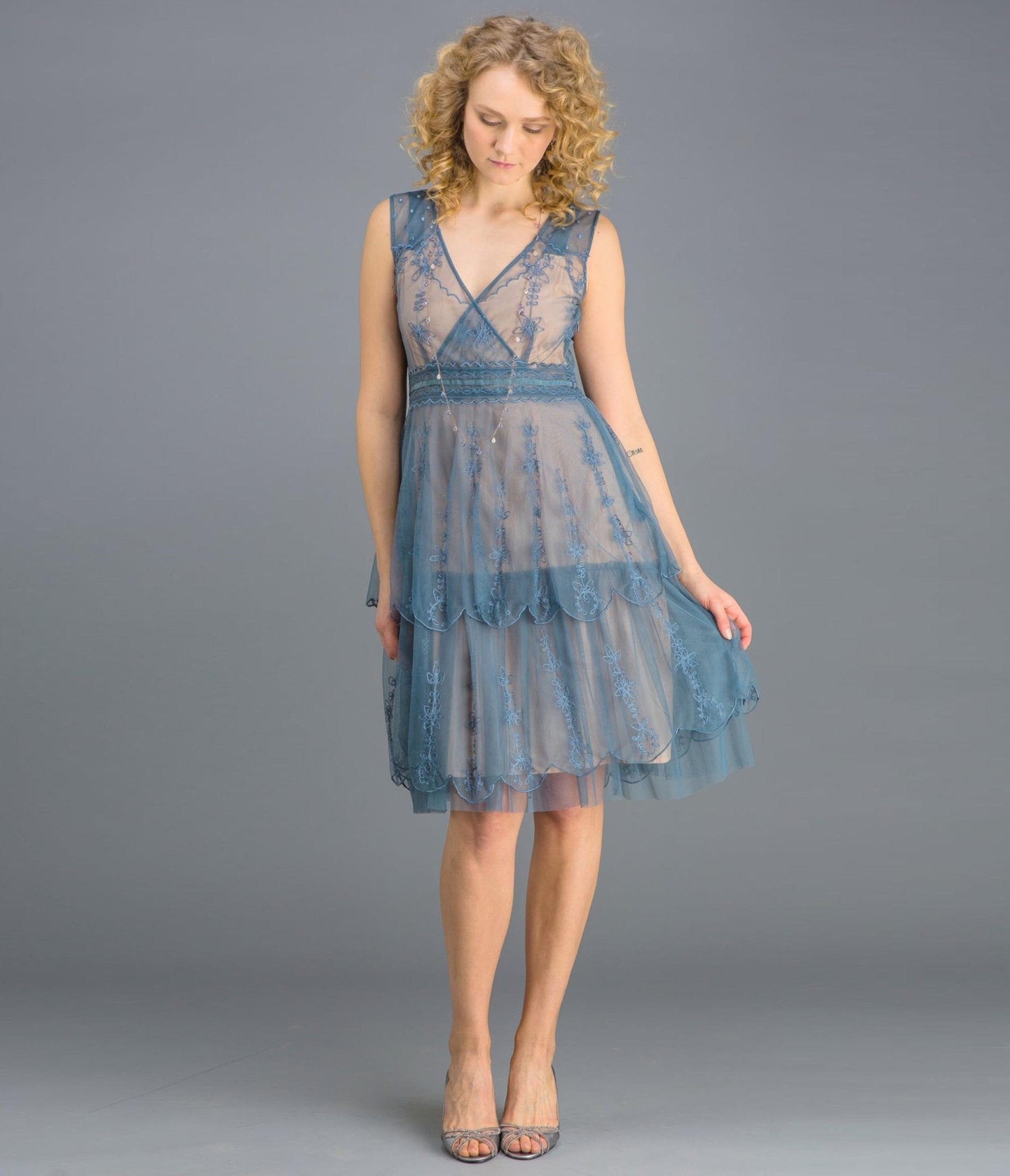  Nataya 1920s Style Sapphire & Nude Flapper Dress