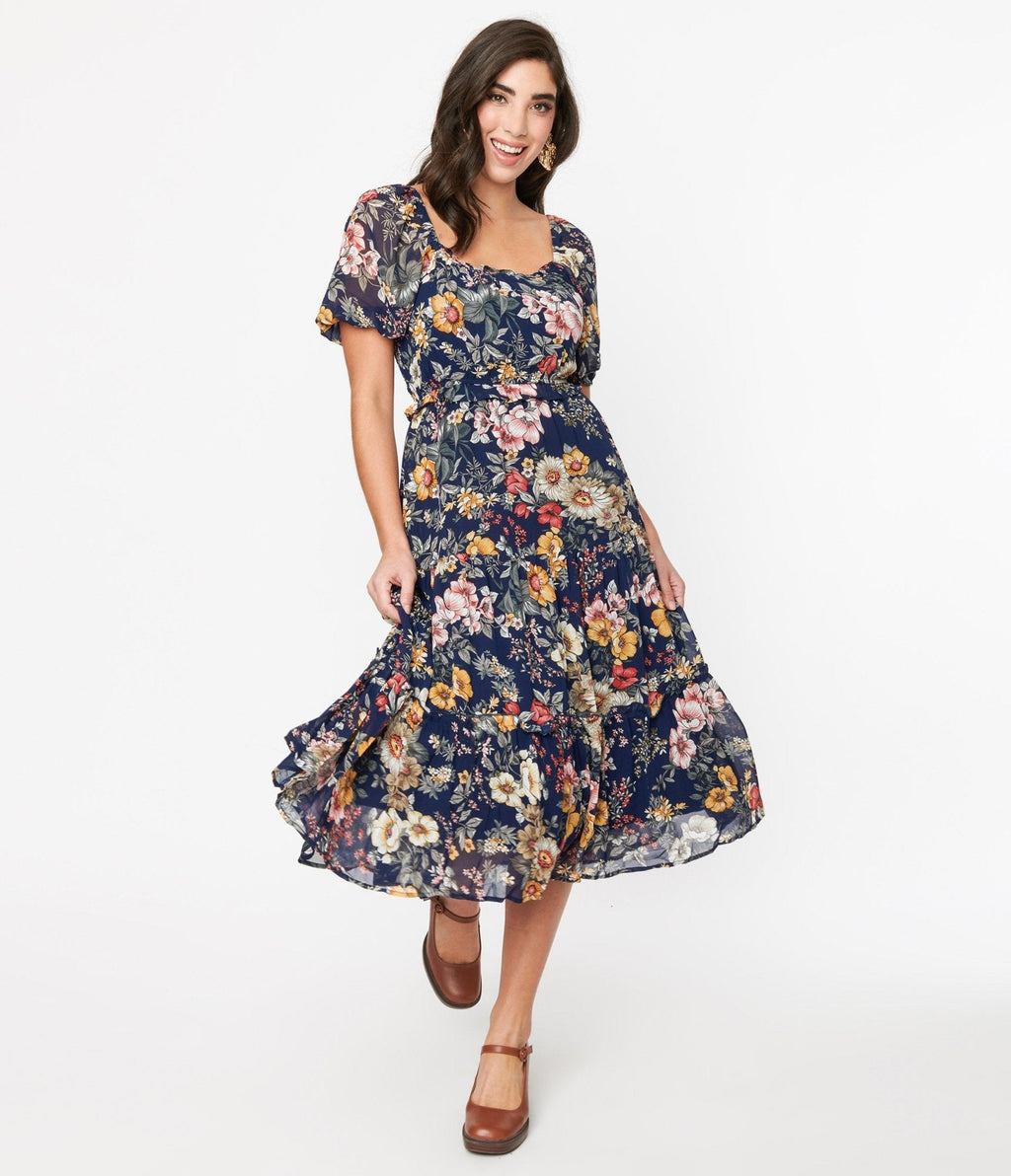  Navy Blue Floral Puff Sleeve Midi Dress