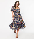  Navy Blue Floral Puff Sleeve Midi Dress