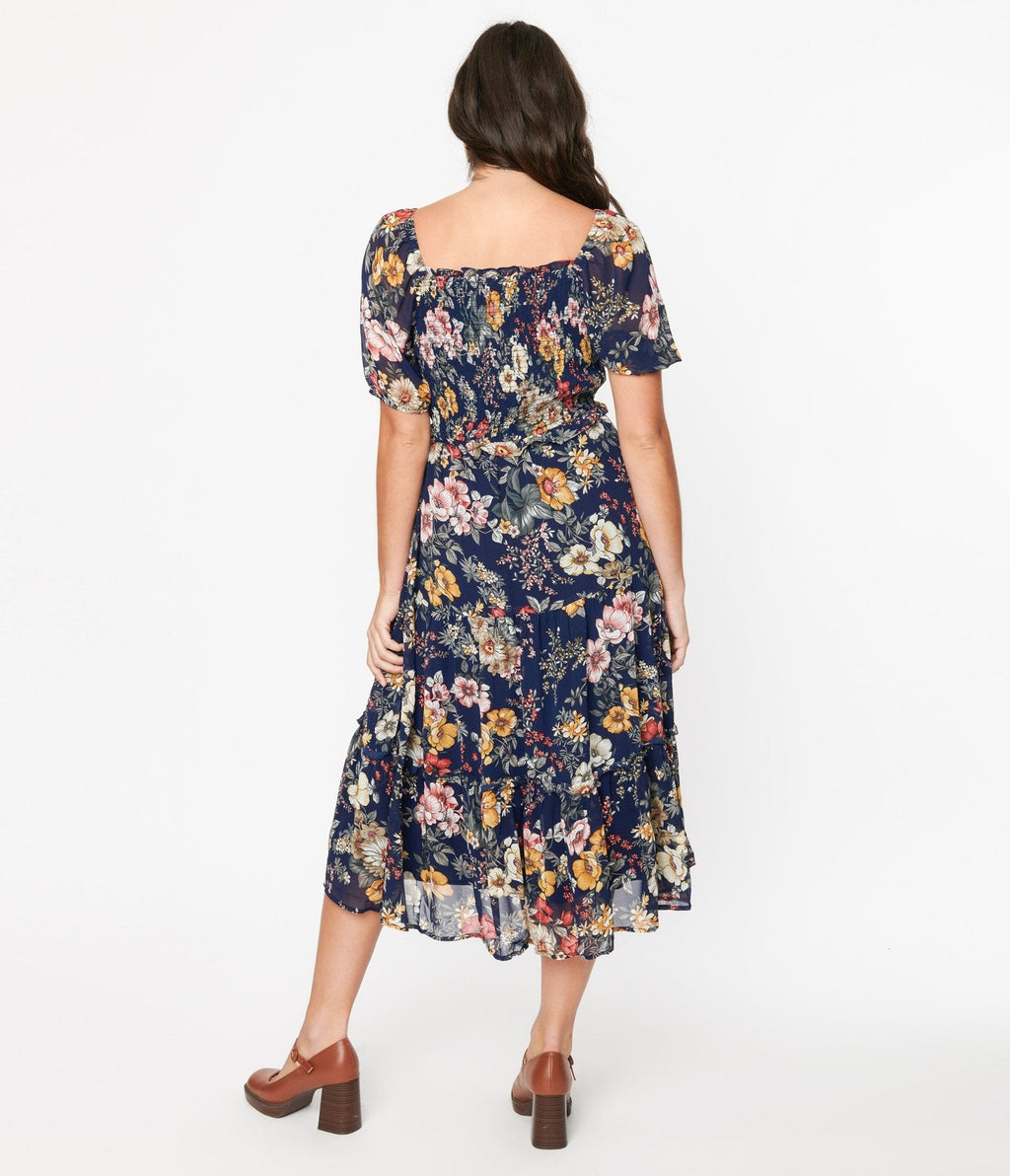  Navy Blue Floral Puff Sleeve Midi Dress
