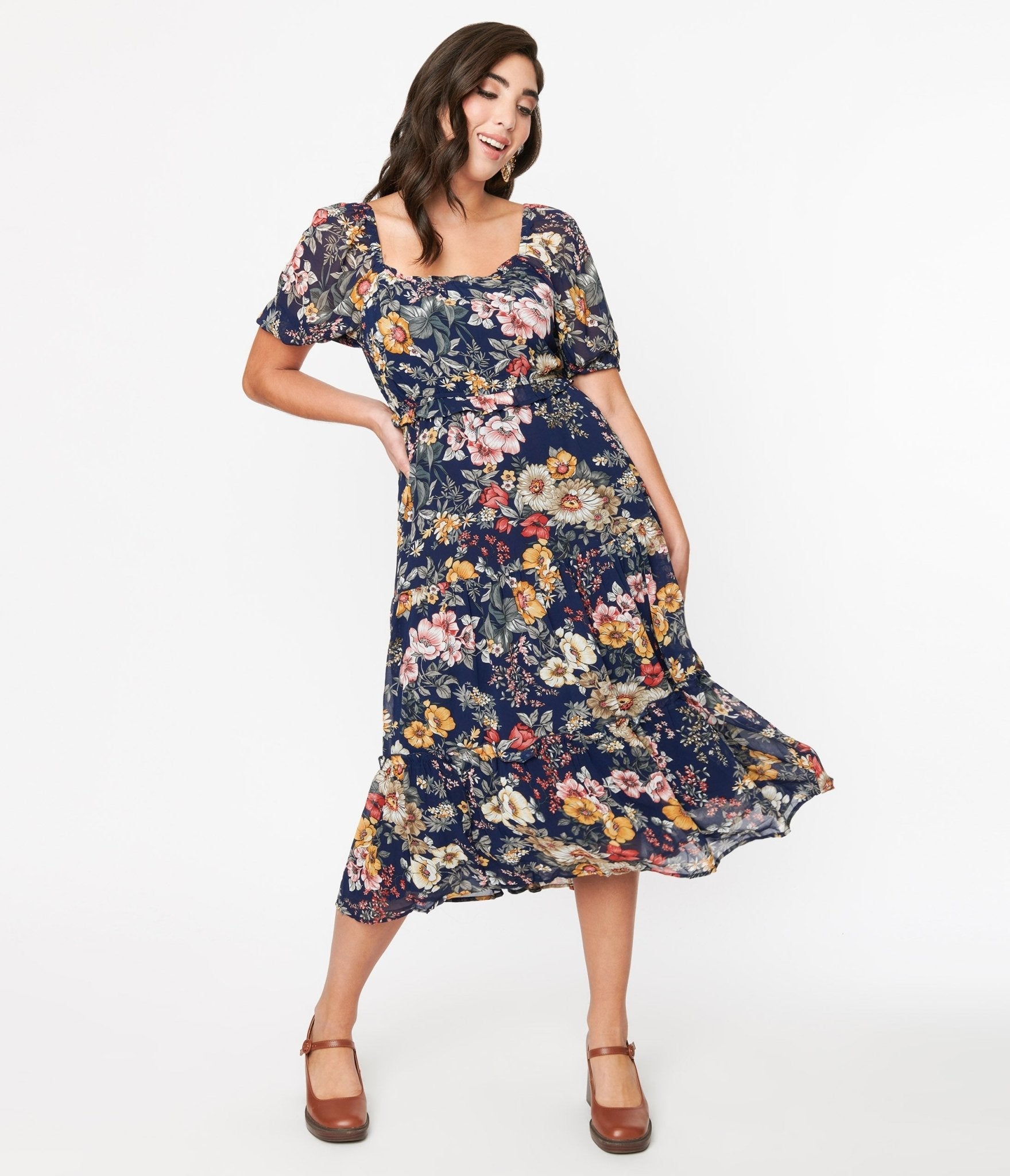  Navy Blue Floral Puff Sleeve Midi Dress