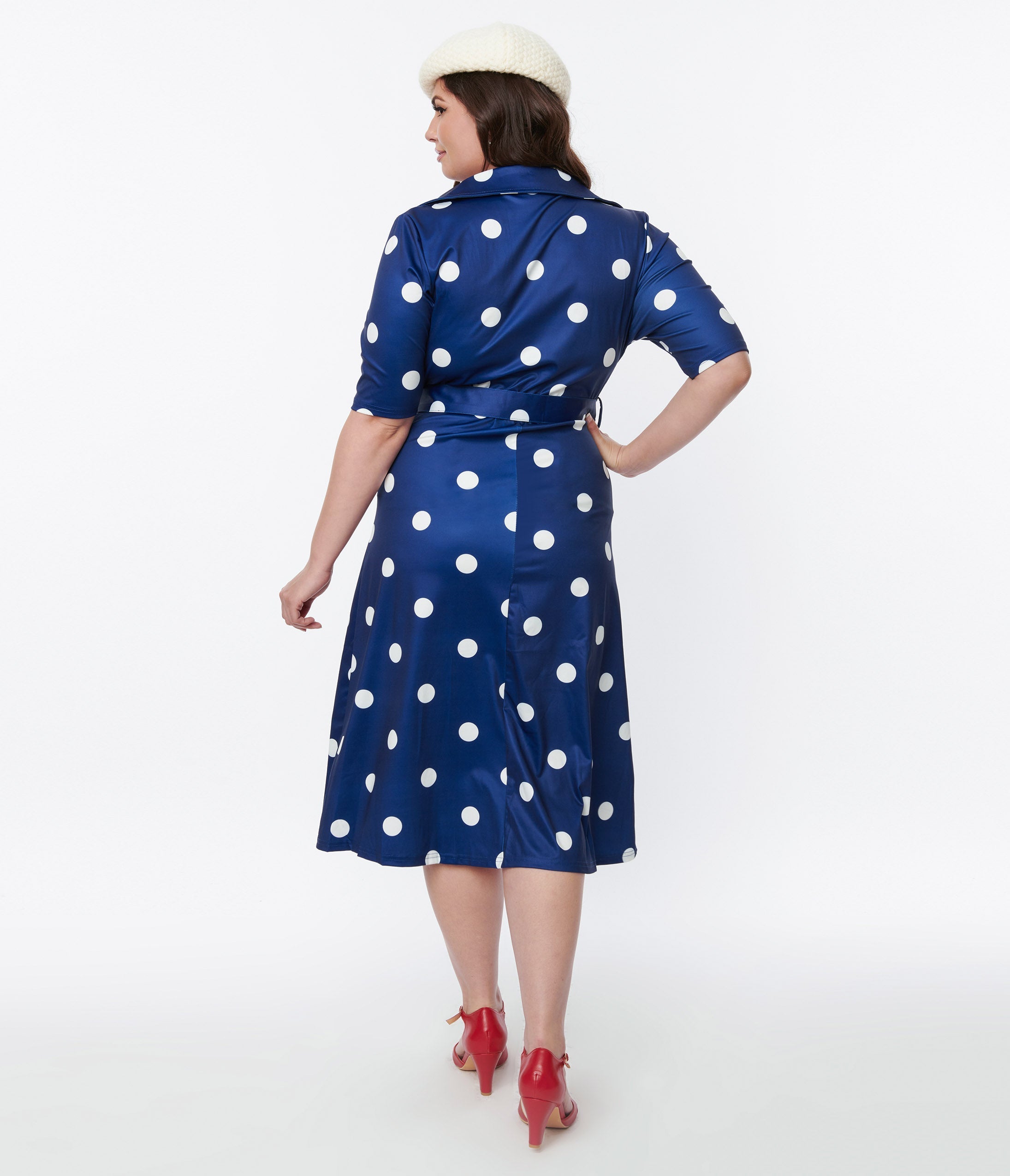  Navy Blue & White Polka Dot Satin Swing Dress