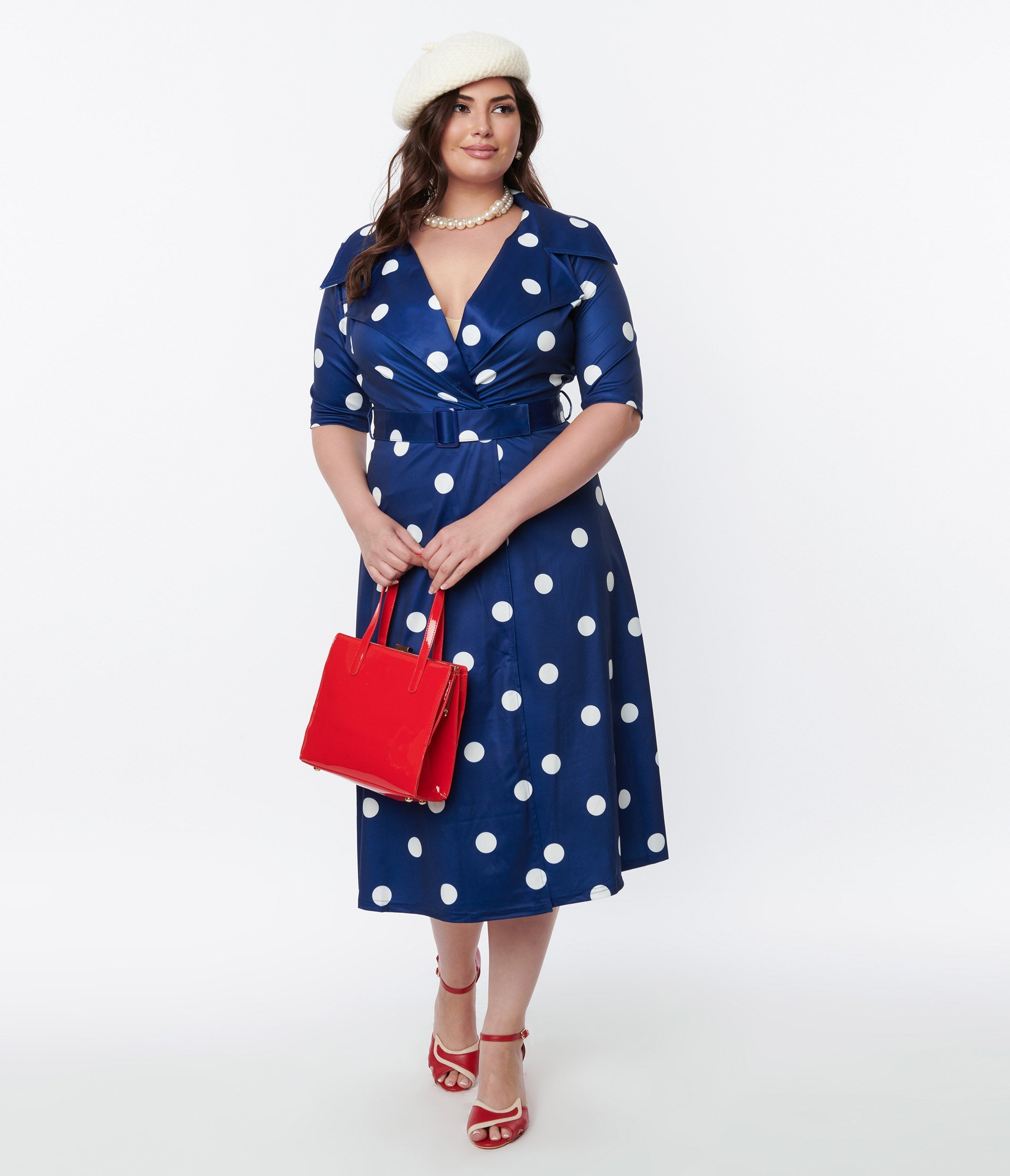  Navy Blue & White Polka Dot Satin Swing Dress