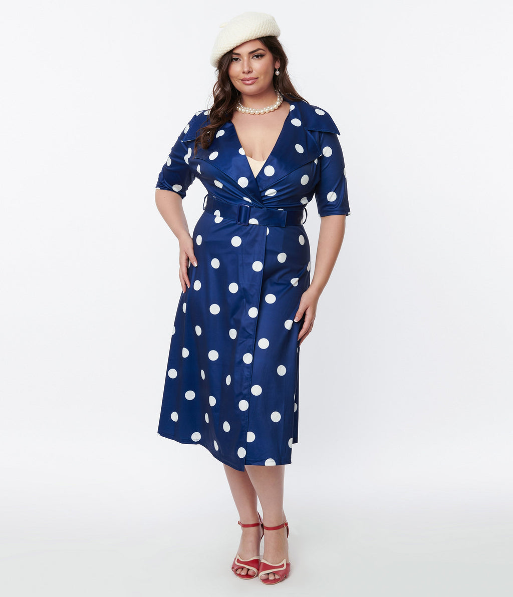  Navy Blue & White Polka Dot Satin Swing Dress