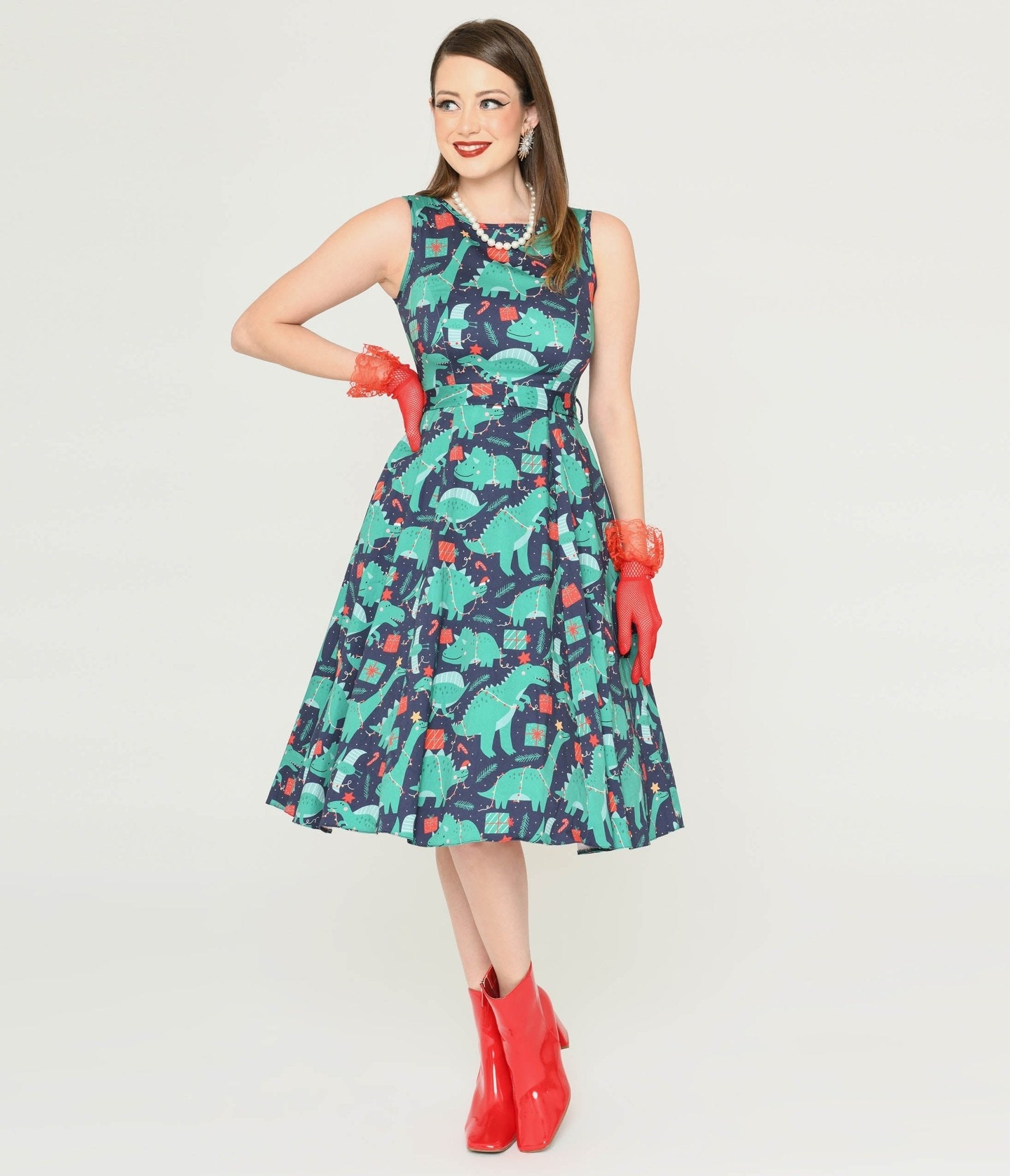 Navy & Dino Christmas Print Swing Dress