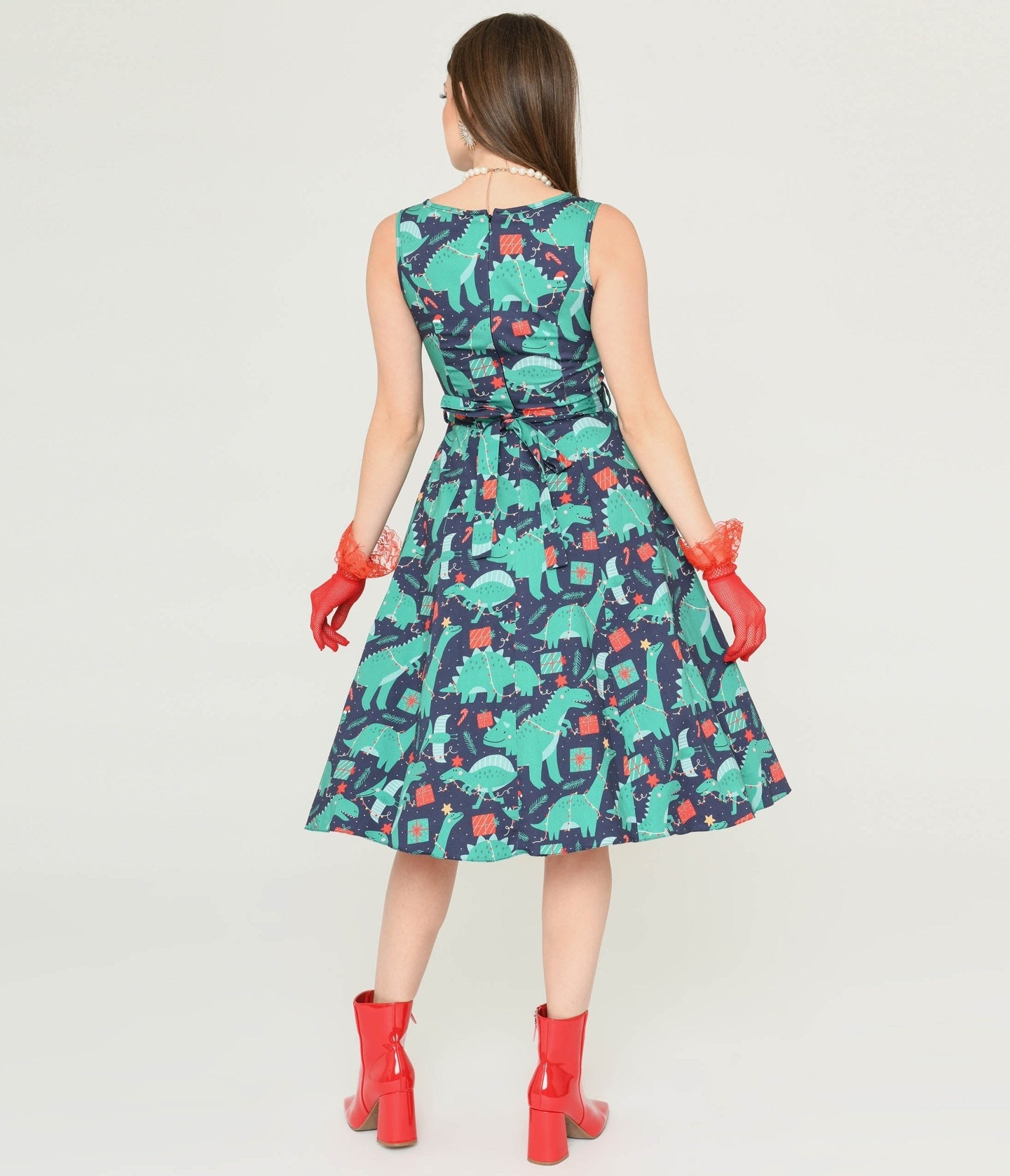  Navy & Dino Christmas Print Swing Dress
