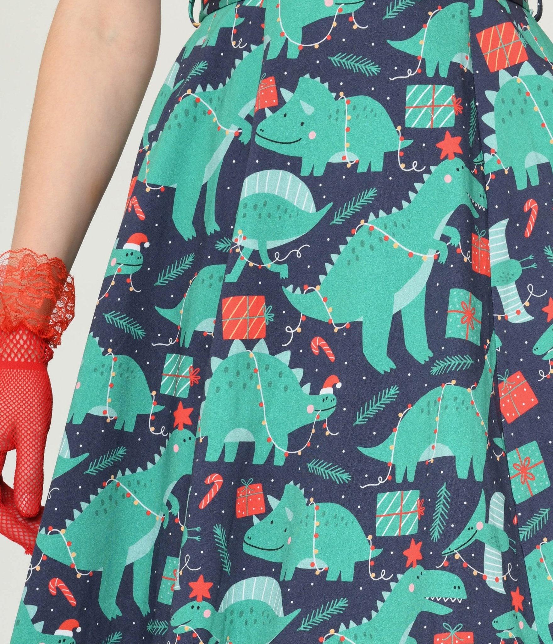  Navy & Dino Christmas Print Swing Dress