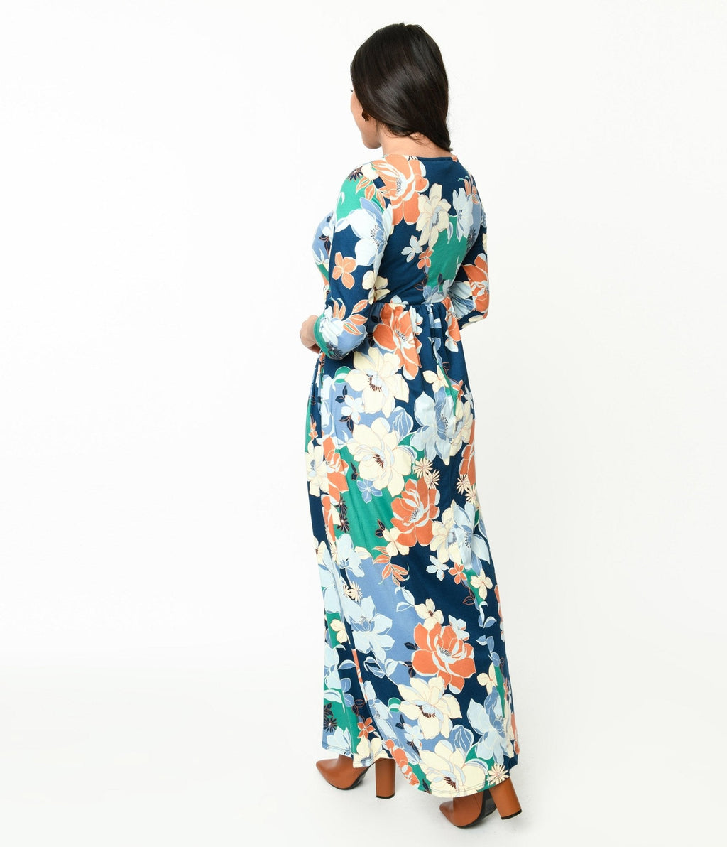  Navy & Multicolor Floral Knit Maxi Dress