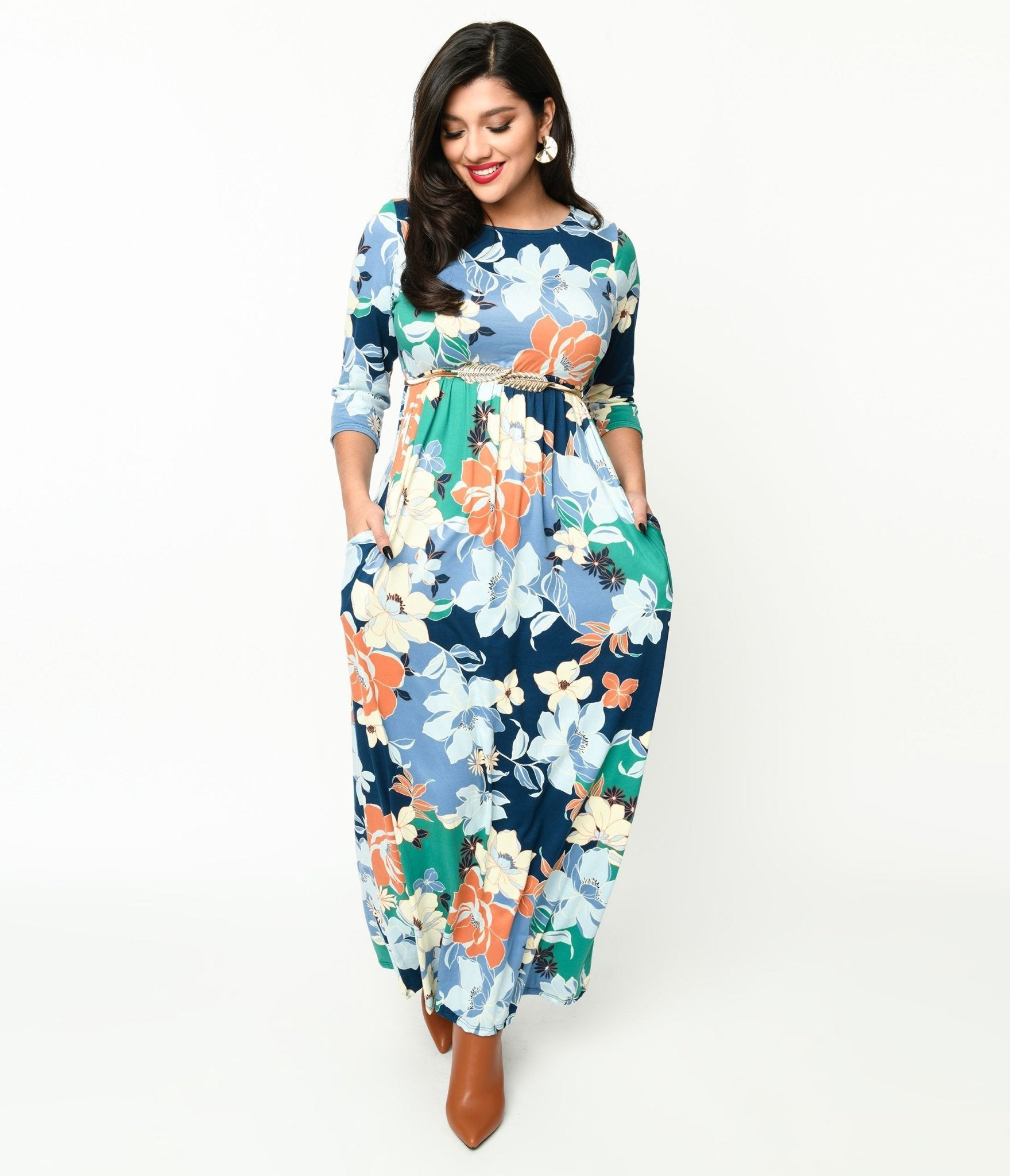  Navy & Multicolor Floral Knit Maxi Dress