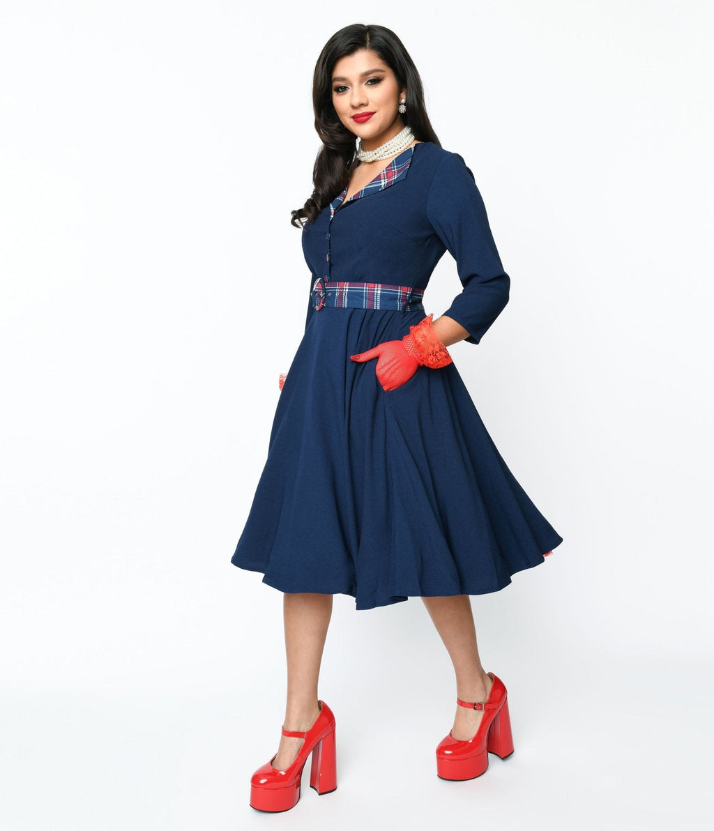  Navy & Plaid Contrast Lynette Swing Dress
