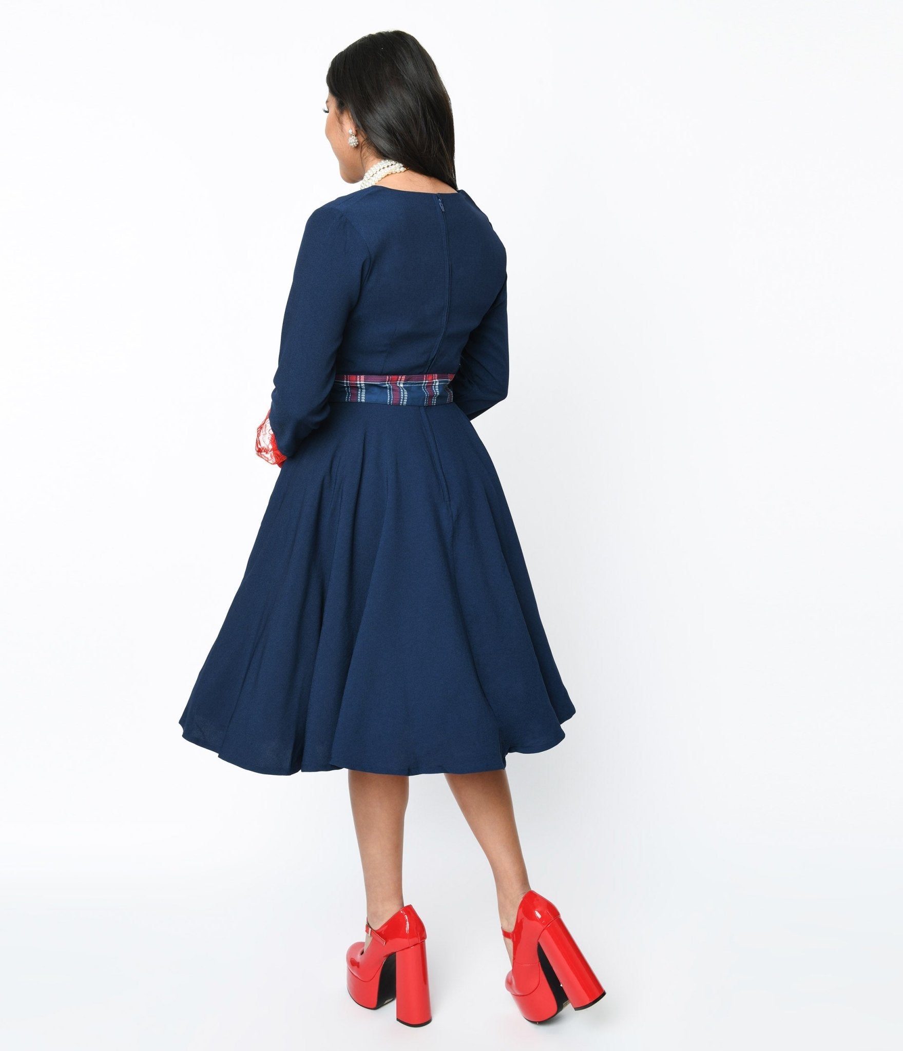  Navy & Plaid Contrast Lynette Swing Dress