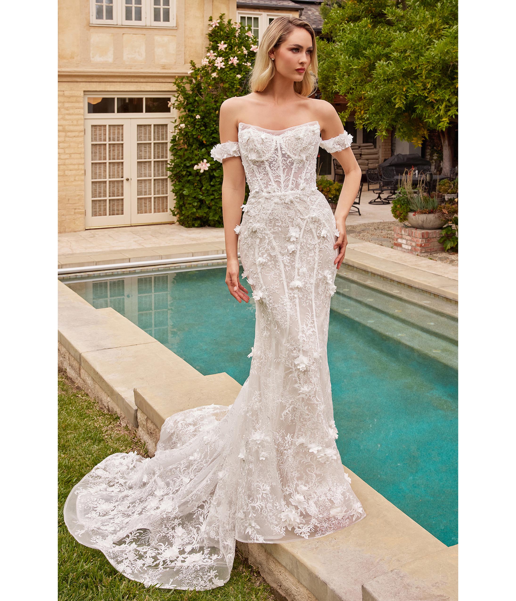  Cinderella Divine Off White Floral Lace Bridal Trumpet Gown With Removable Overskirt