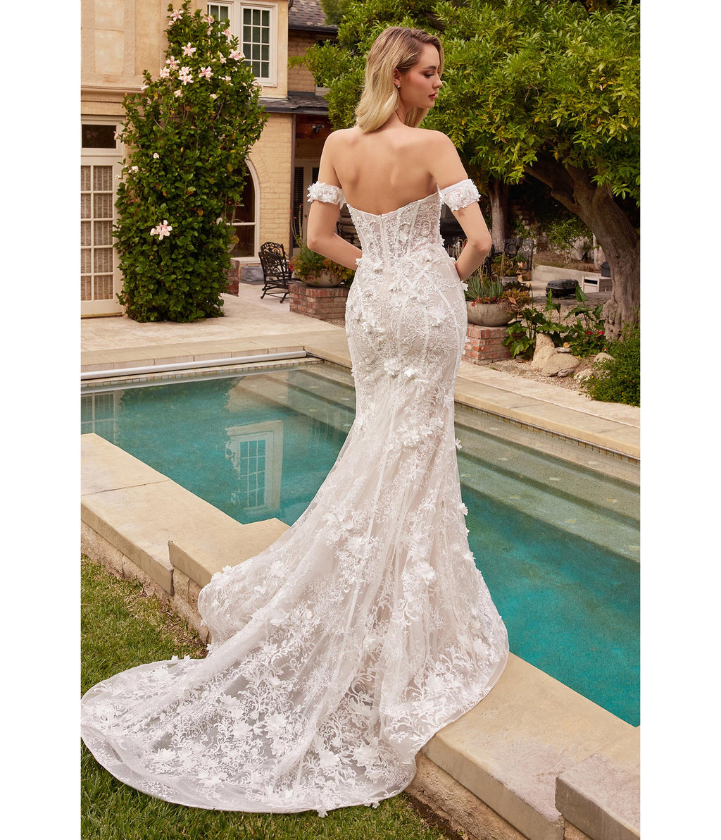  Cinderella Divine Off White Floral Lace Bridal Trumpet Gown With Removable Overskirt