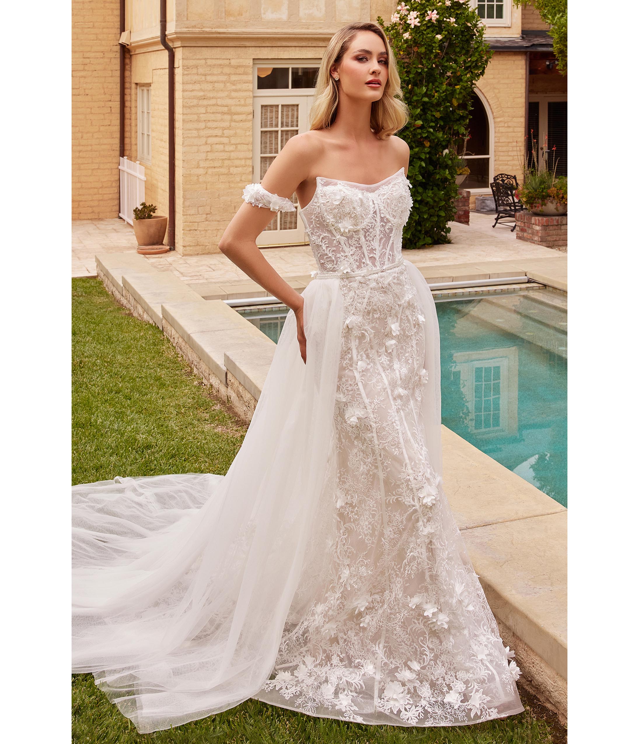  Cinderella Divine Off White Floral Lace Bridal Trumpet Gown With Removable Overskirt