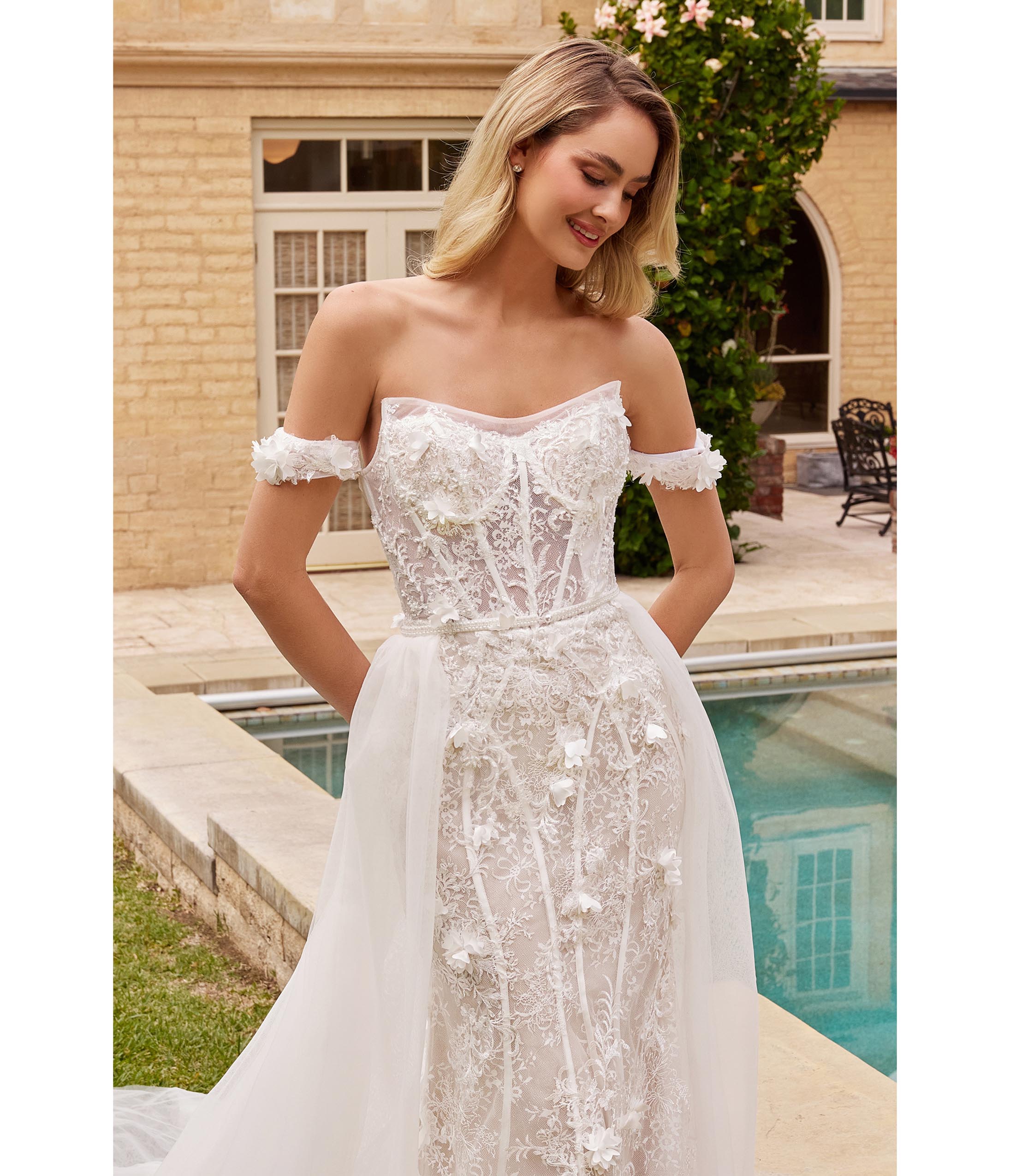  Cinderella Divine Off White Floral Lace Bridal Trumpet Gown With Removable Overskirt