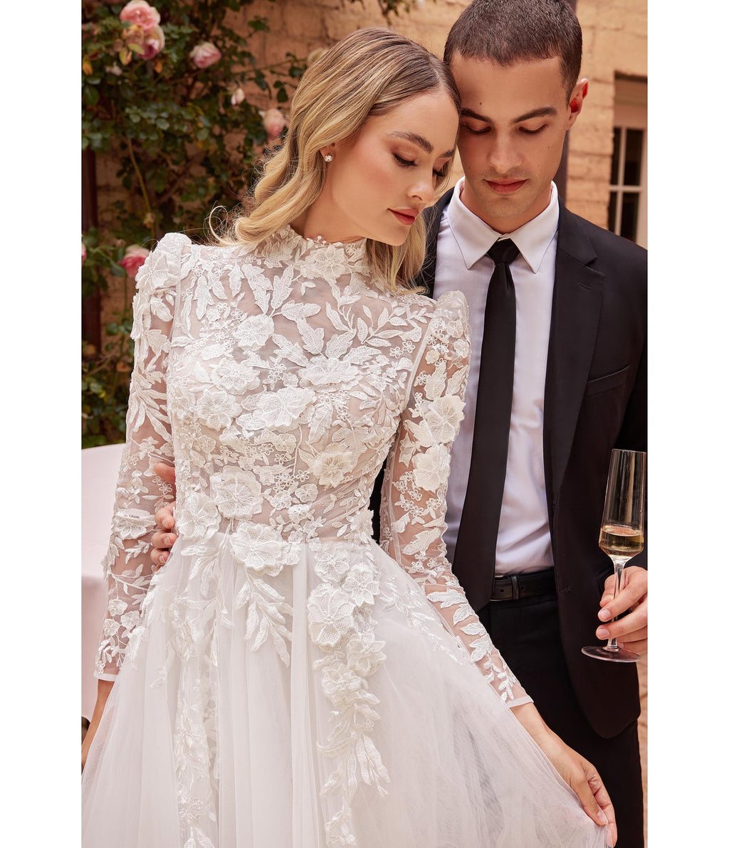  Cinderella Divine Off White Floral Long Sleeve Wedding Ball Gown