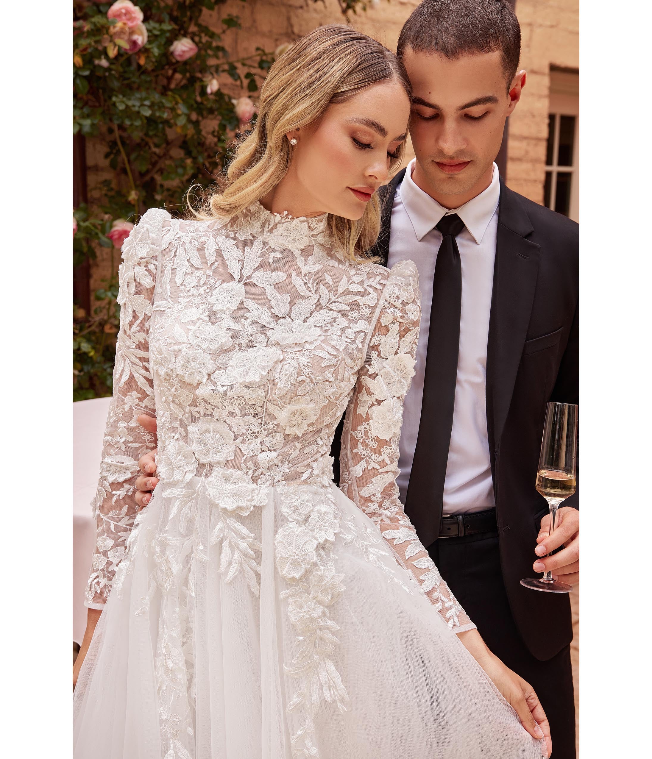  Cinderella Divine Off White Floral Long Sleeve Wedding Ball Gown