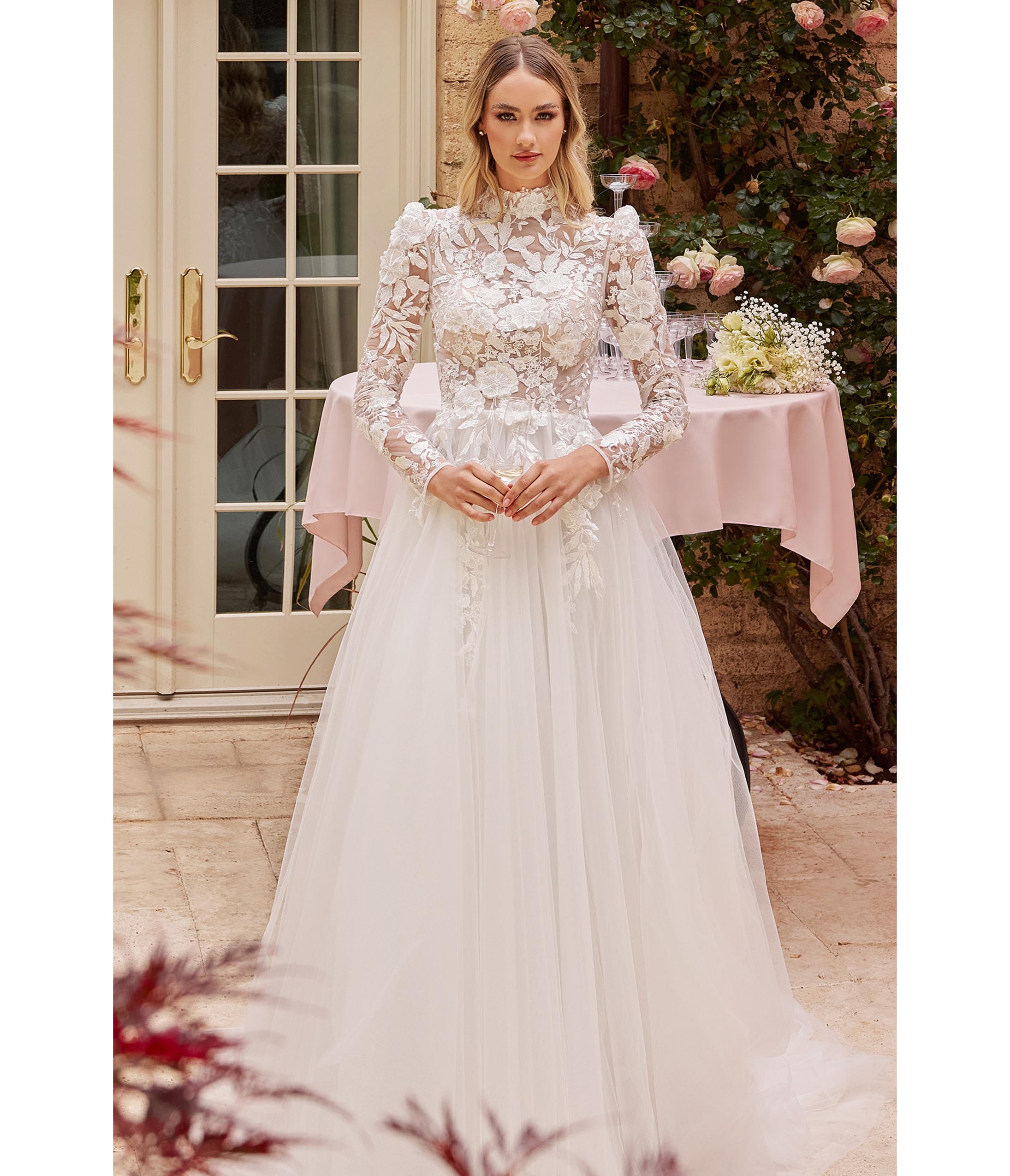  Cinderella Divine Off White Floral Long Sleeve Wedding Ball Gown
