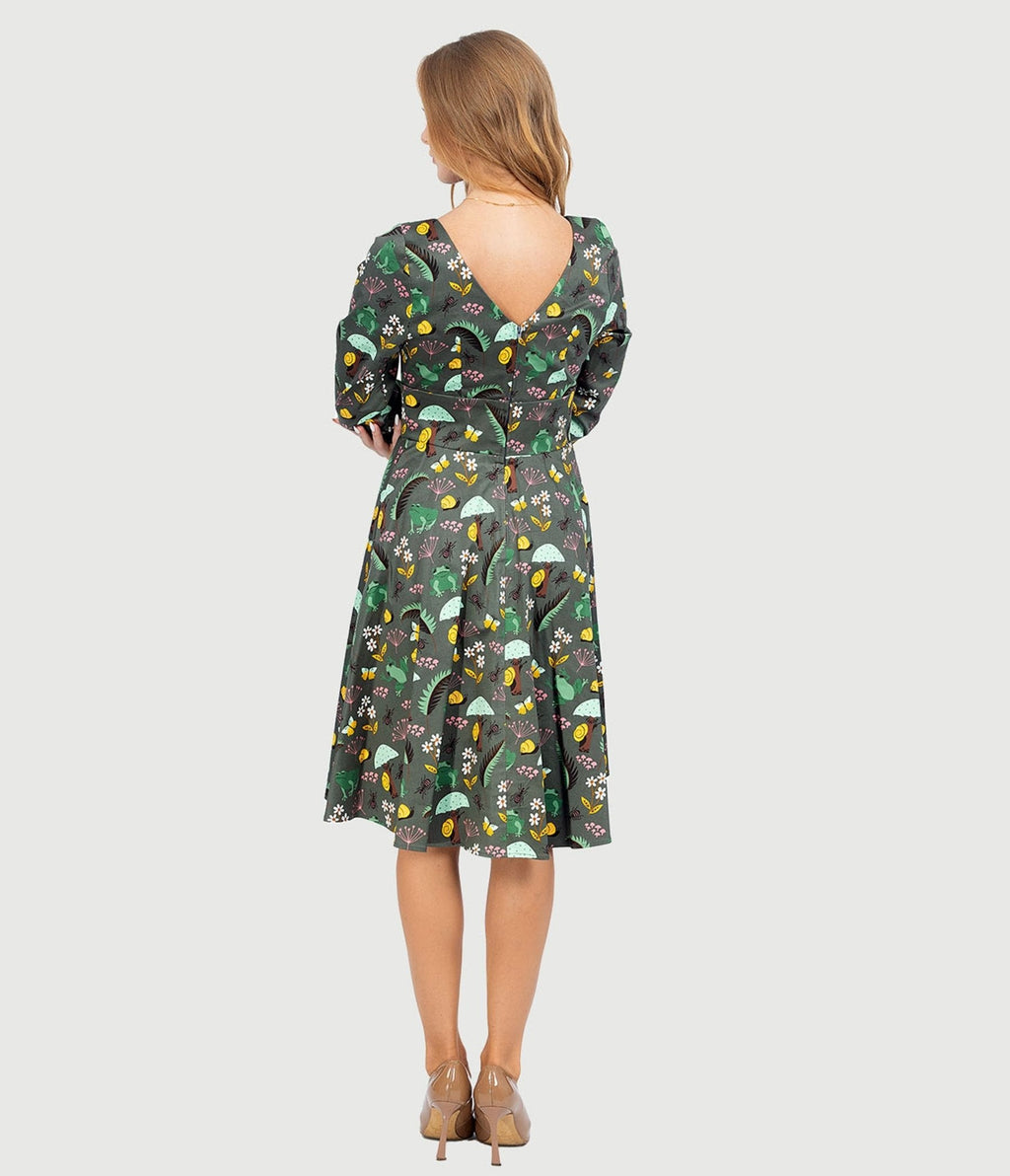  Olive Green & Rain Forest Print Fit & Flare Dress