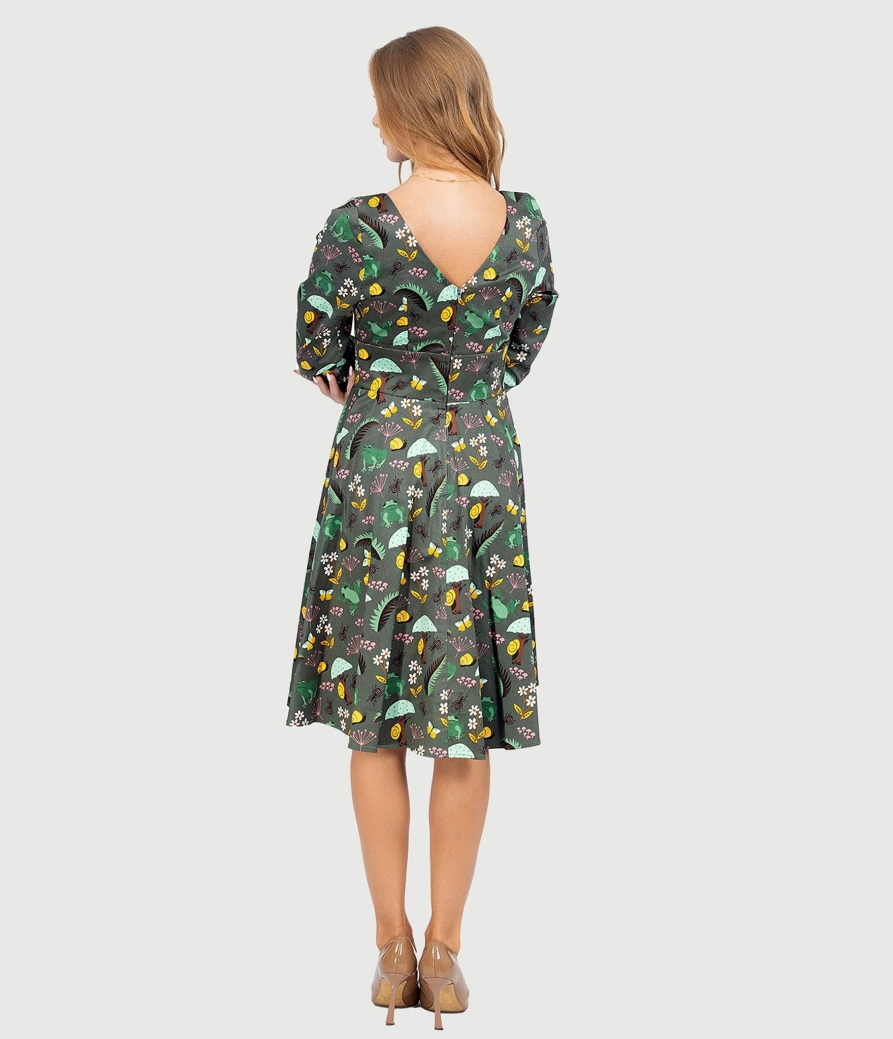  Olive Green & Rain Forest Print Fit & Flare Dress