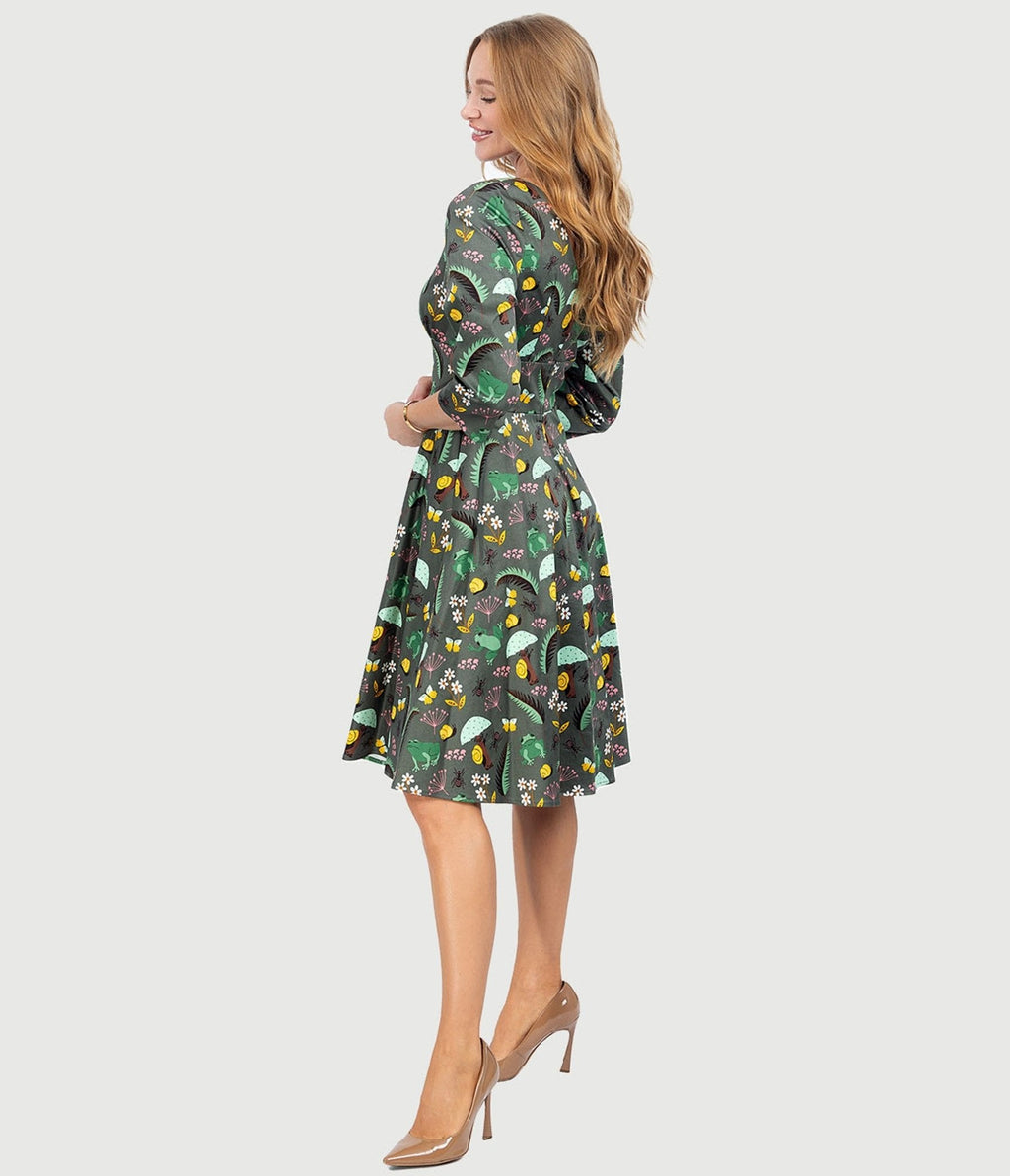  Olive Green & Rain Forest Print Fit & Flare Dress