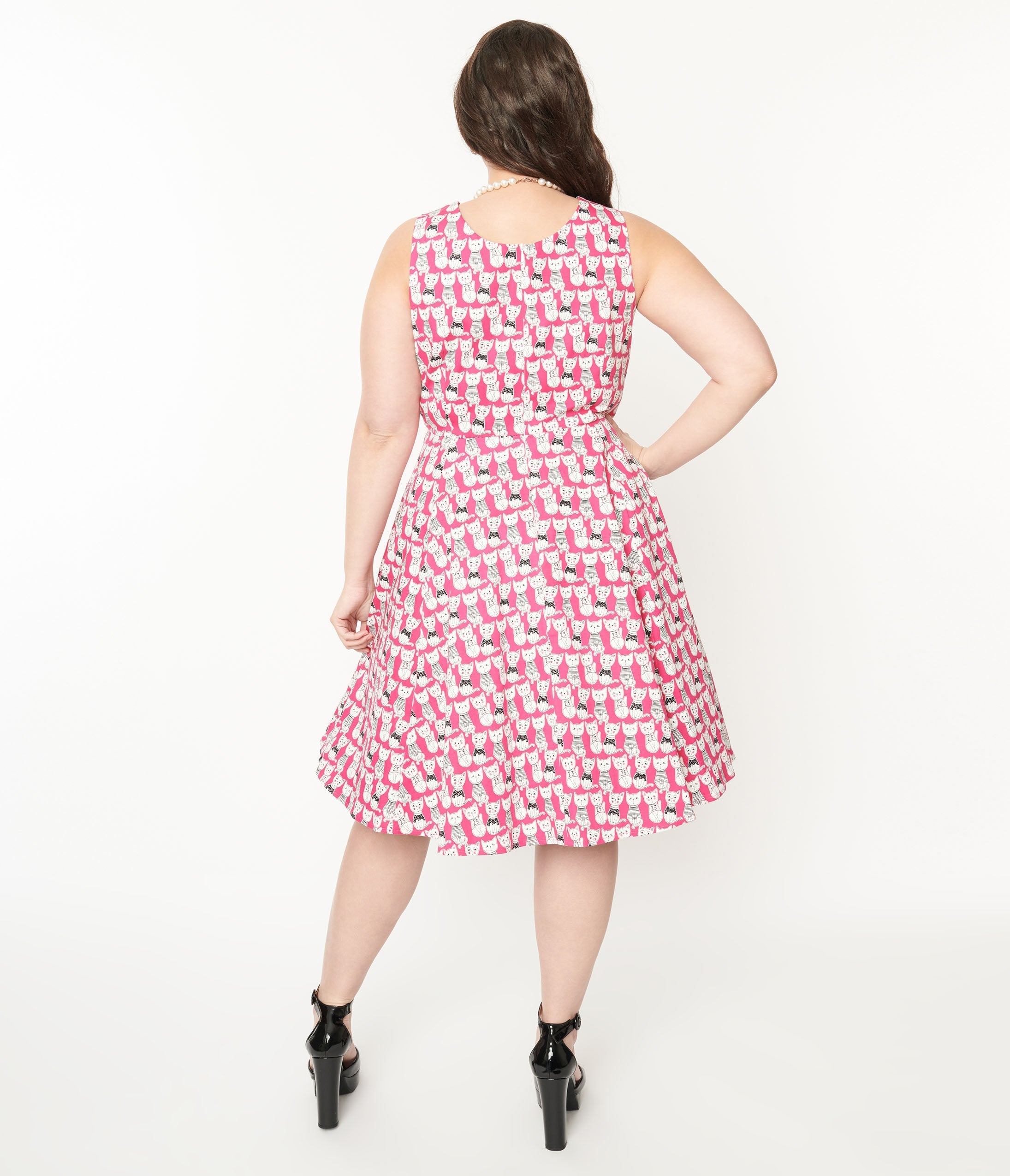  Plus Size 1950s Style Hot Pink Cat Print Sleeveless Swing Dress