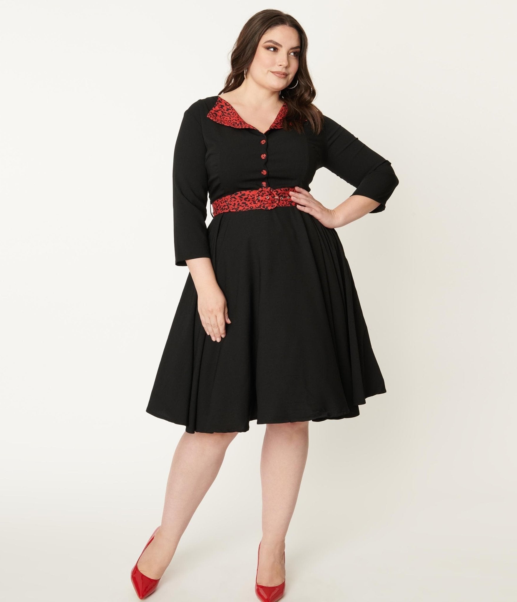  Plus Size Black & Red Leopard Accent Lynette Swing Dress