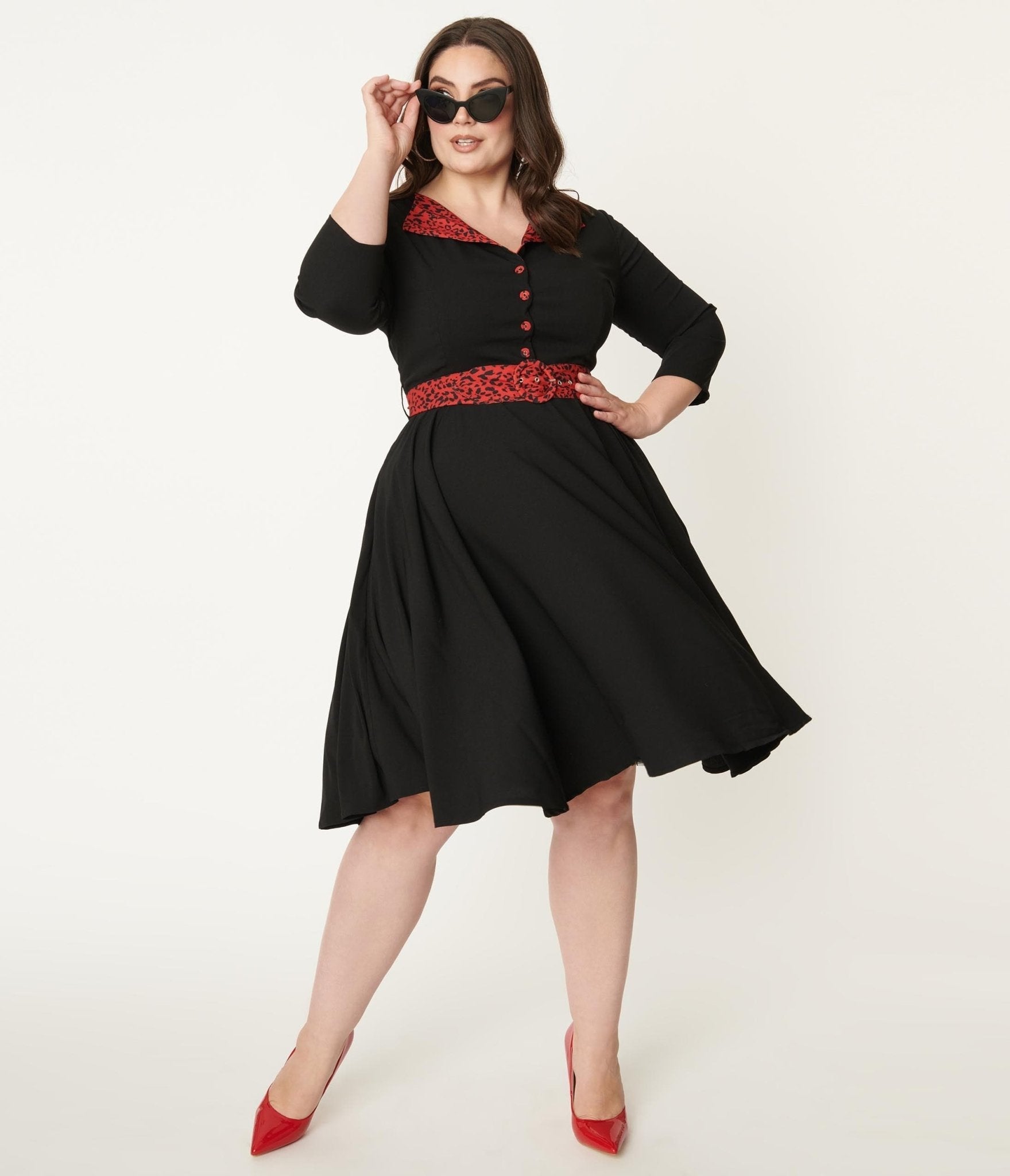  Plus Size Black & Red Leopard Accent Lynette Swing Dress