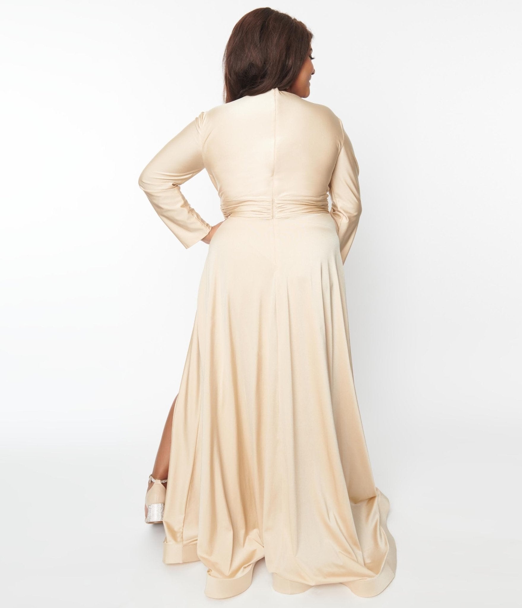  Plus Size Champagne Long Sleeve Sophisticated Goddess Gown