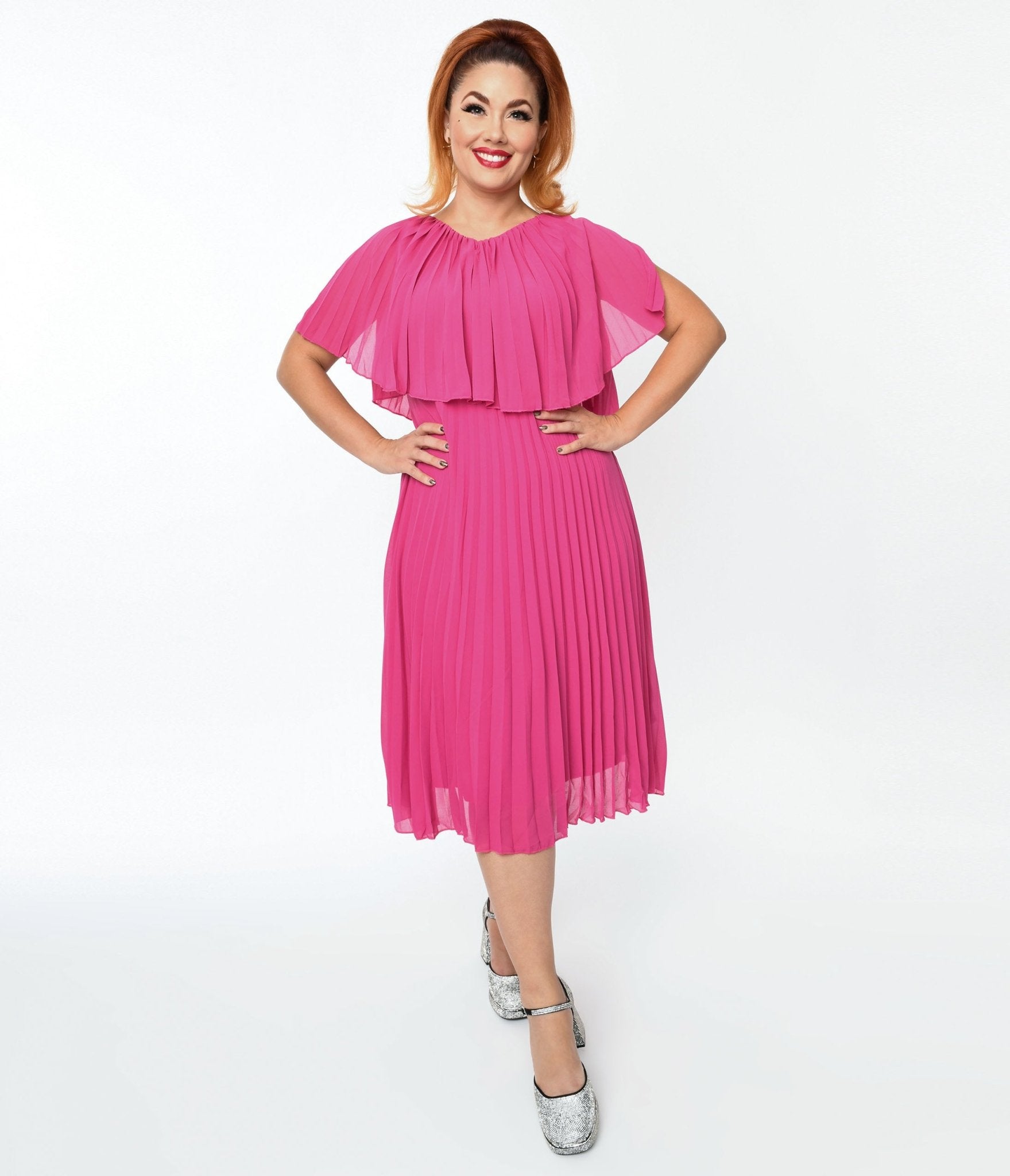  Plus Size Fuchsia Pleated Midi Dress