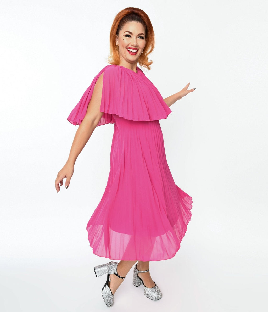  Plus Size Fuchsia Pleated Midi Dress